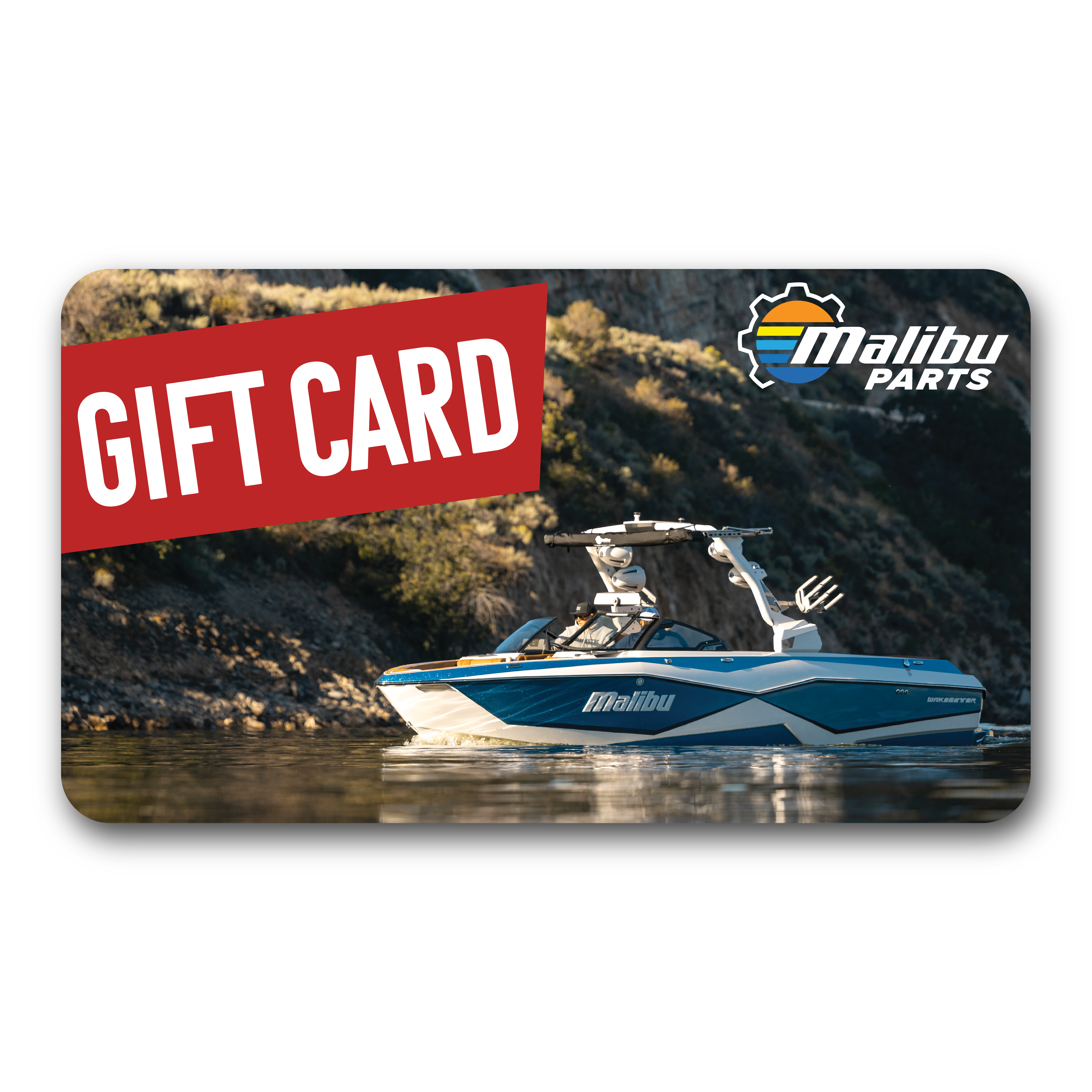 Malibu Parts gift card featuring a blue and white boat on water with a rocky shoreline in the background and a Malibu Parts logo.