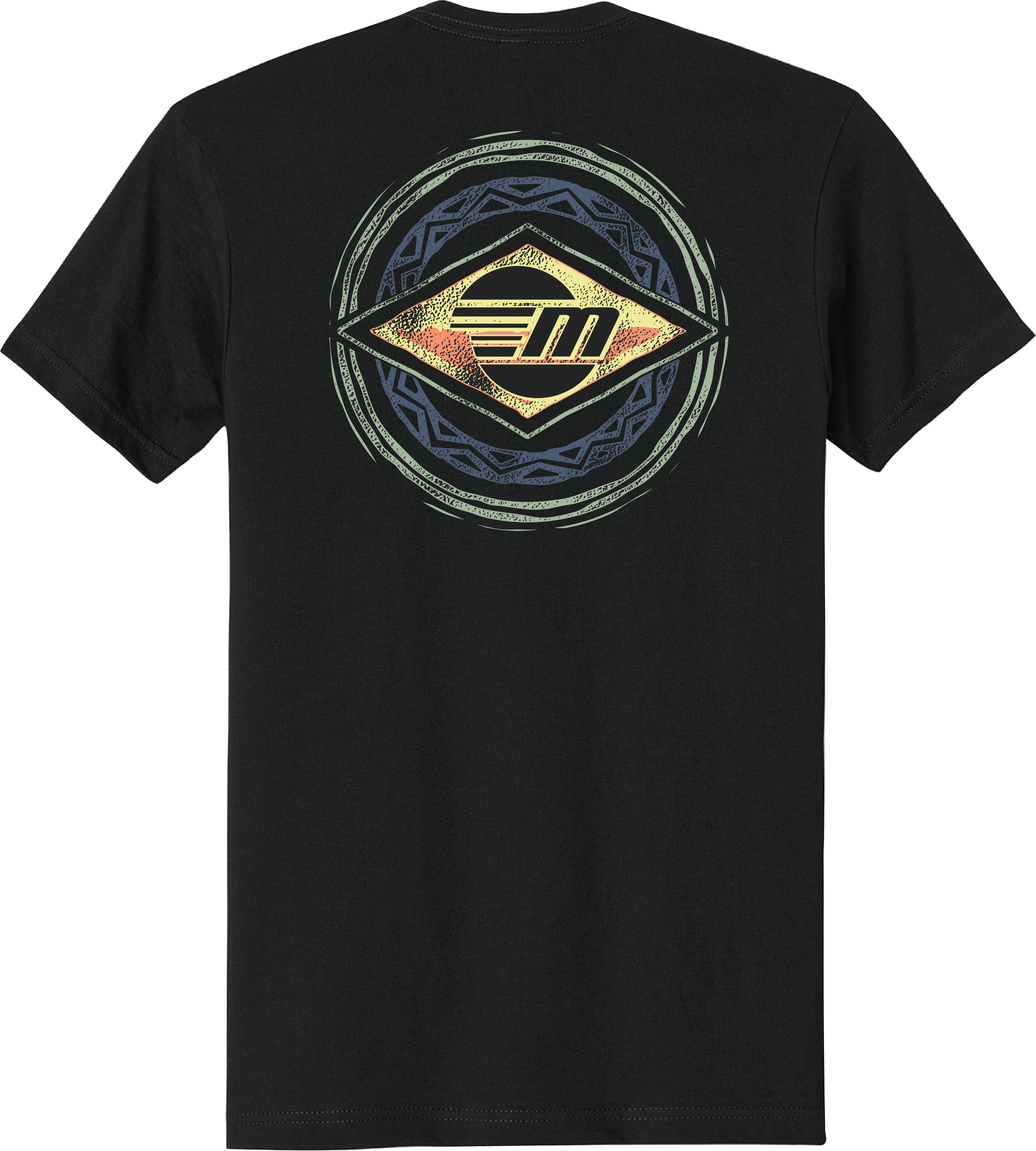 Black Malibu Surfer Tee with a colorful, circular graphic design on the back featuring geometric patterns and a stylized "M" logo.