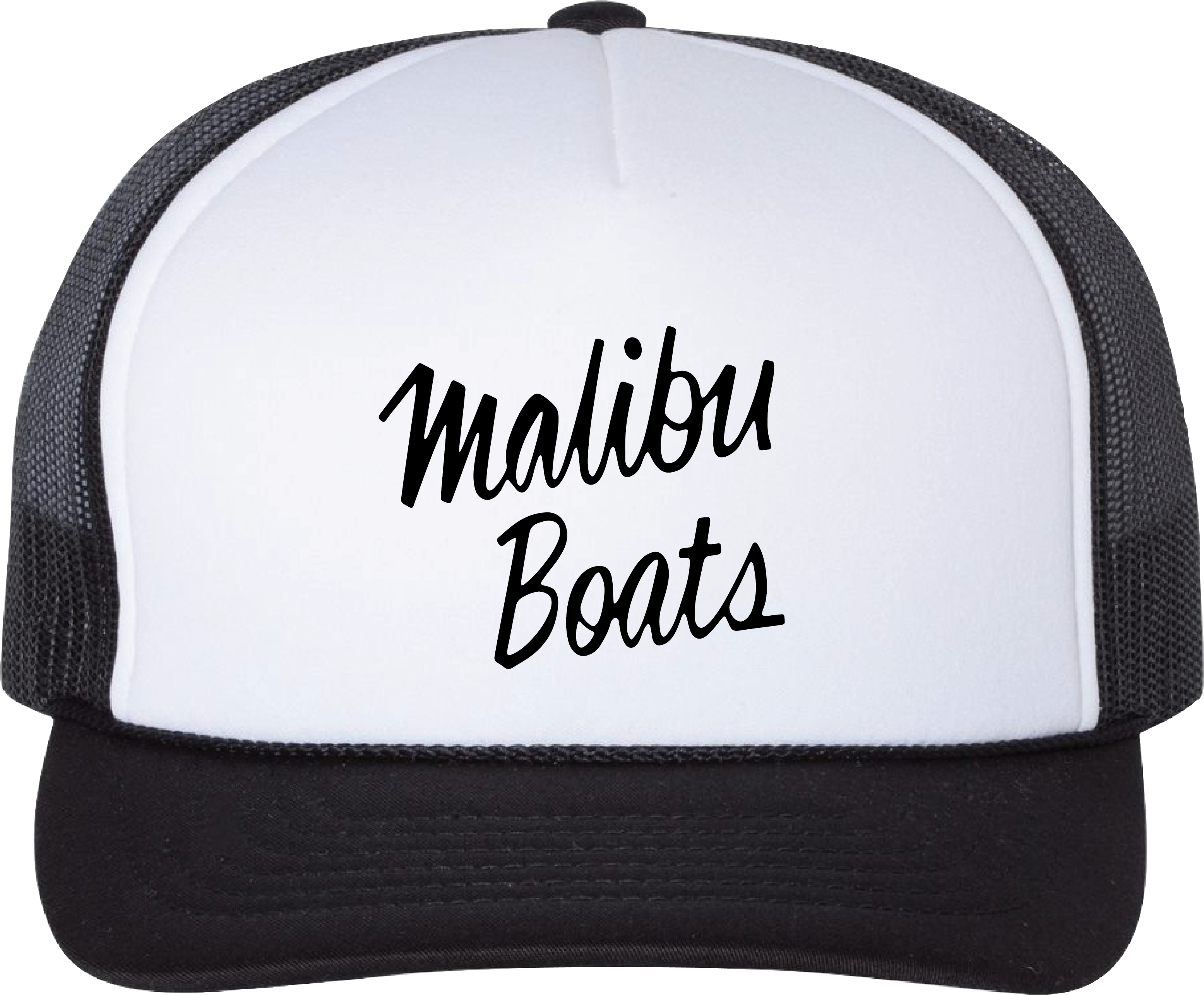 Trucker hat with "Malibu Boots" embroidered in black script on a white front panel, black brim, and mesh sides.
