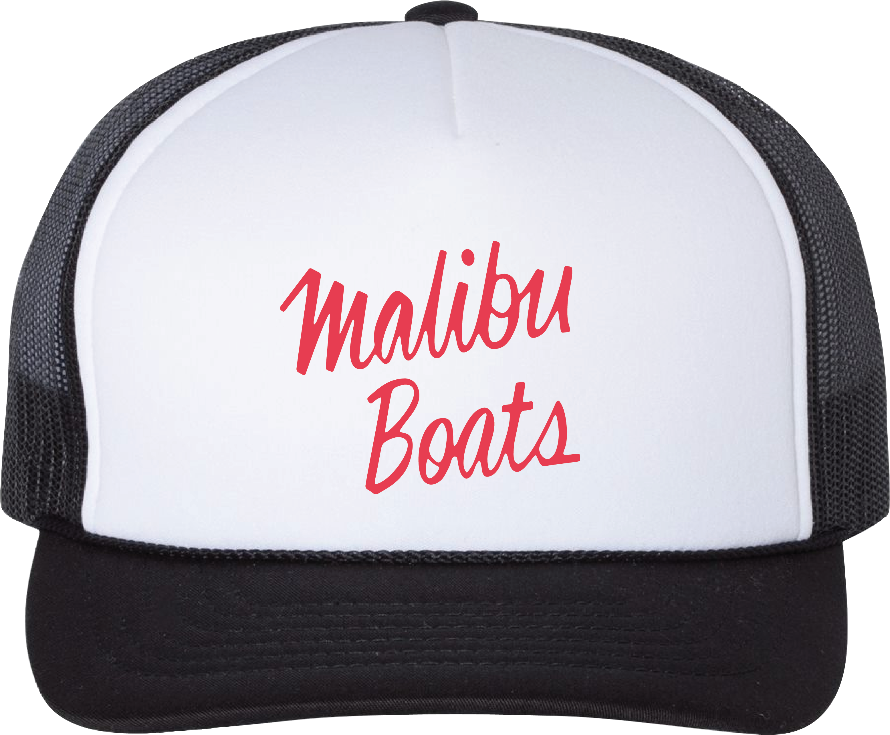 Trucker hat with "Malibu Boats" embroidered in red on the front panel, black brim, and mesh sides.