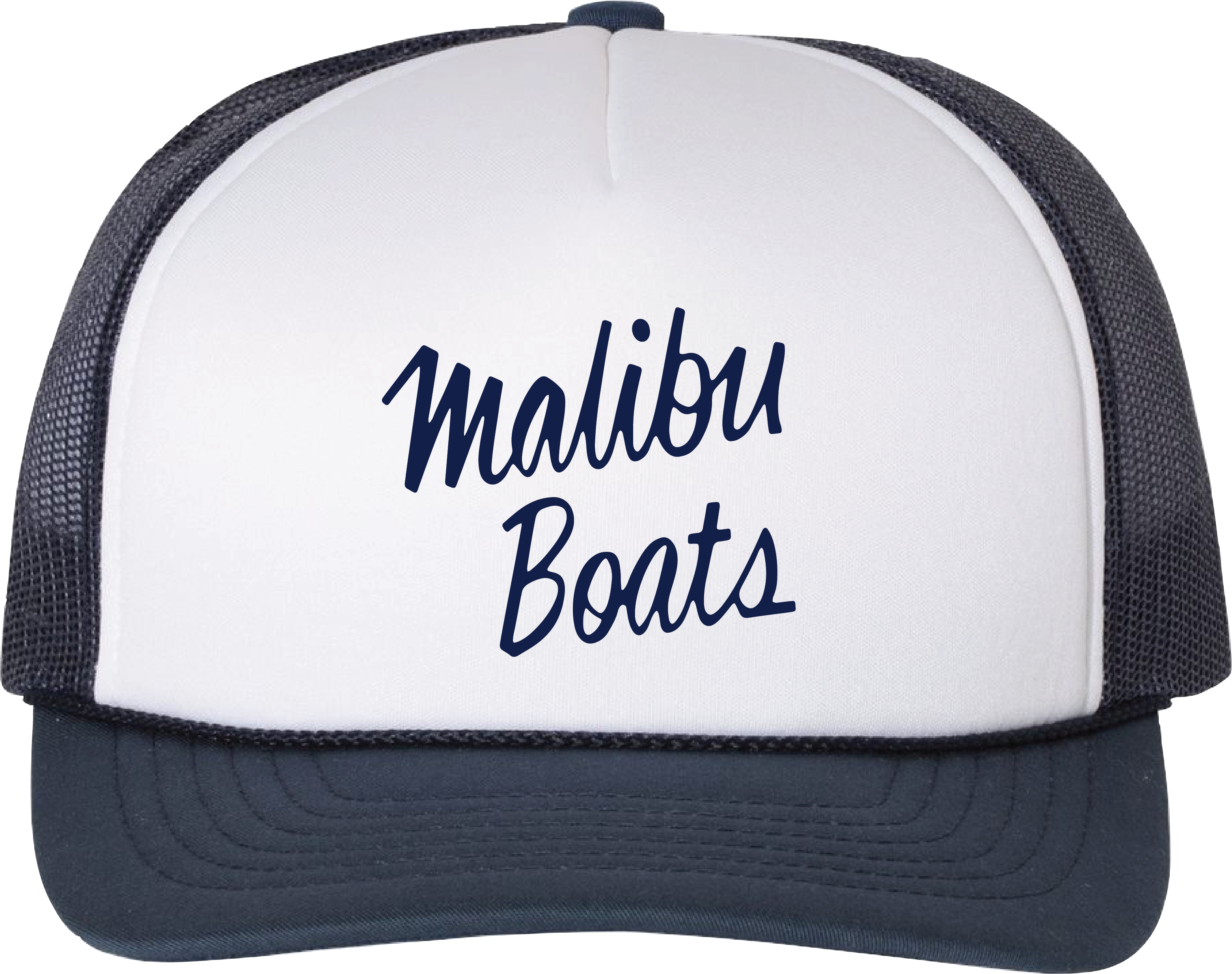 Trucker hat with "Malibu Boats" embroidered in navy blue on a white front panel, black mesh sides, and a curved black brim.