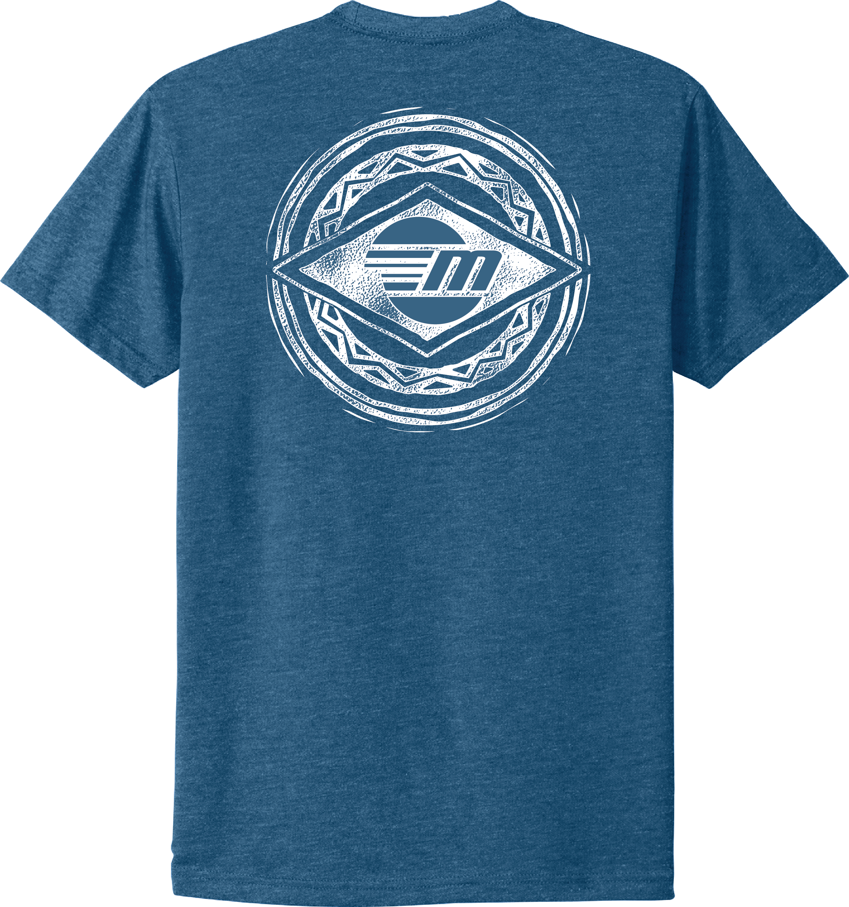 Blue Malibu Surfer Tee with a large white graphic logo on the back featuring geometric patterns and a central "M" emblem.