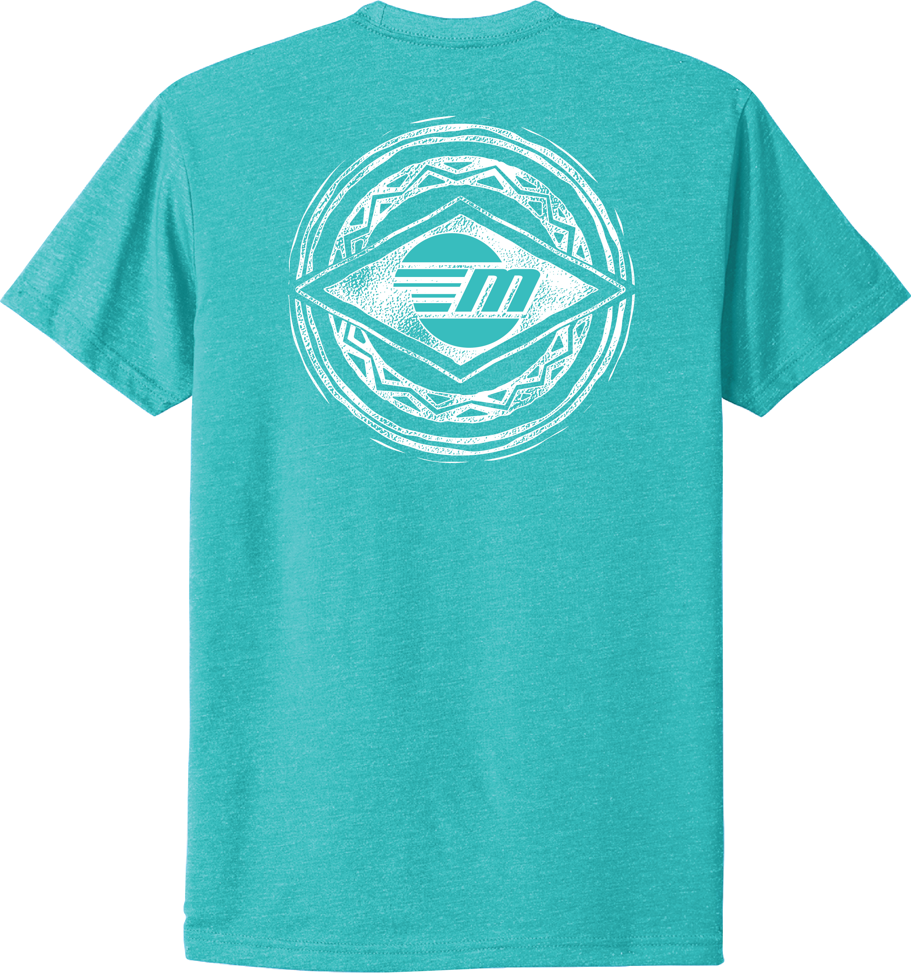 Turquoise Malibu Surfer Tee with a white circular graphic design featuring a stylized "M" logo on the back.