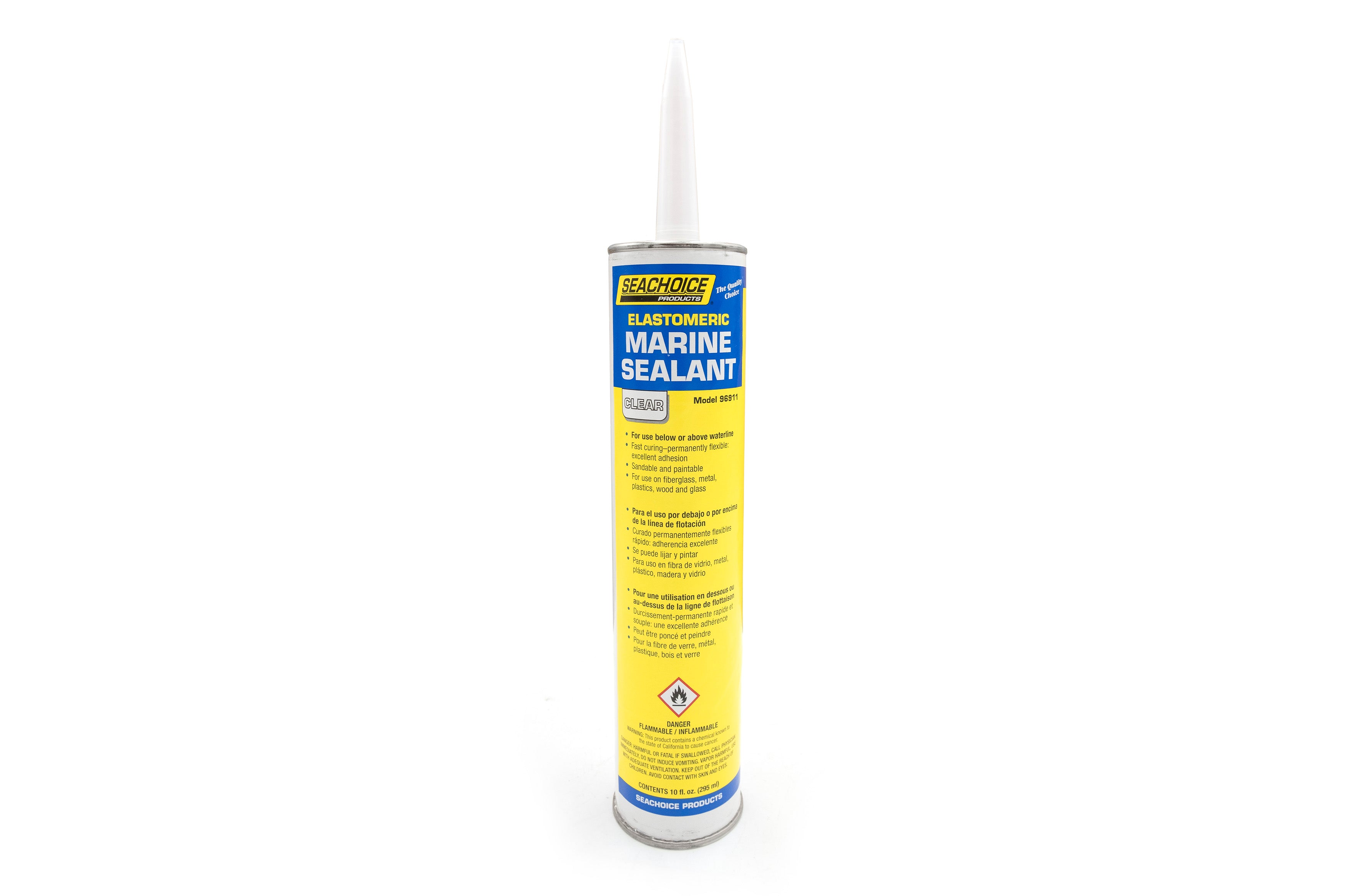 Clear elastomeric marine sealant in a caulking tube with a nozzle for waterproof sealing on boats and marine surfaces.