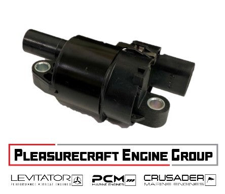 Round ignition coil for 6.0L LY6 engines, compatible with PCM, Crusader, and Challenger marine engines.