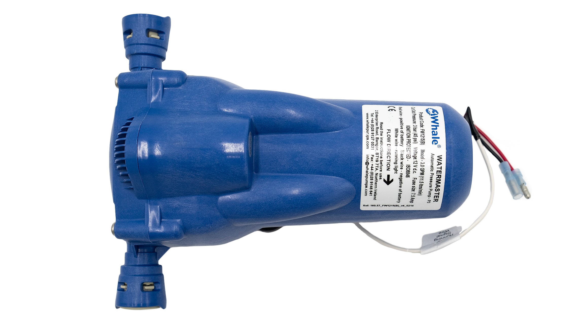 Blue water pump with electrical wires and label, designed to boost water pressure in showers and plumbing systems.