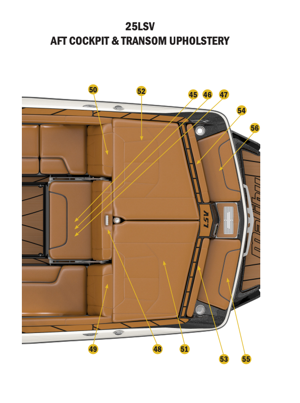 Center rear bottom wakeview flip seat cushions in tan leather with labeled parts and foldable design for boat seating.