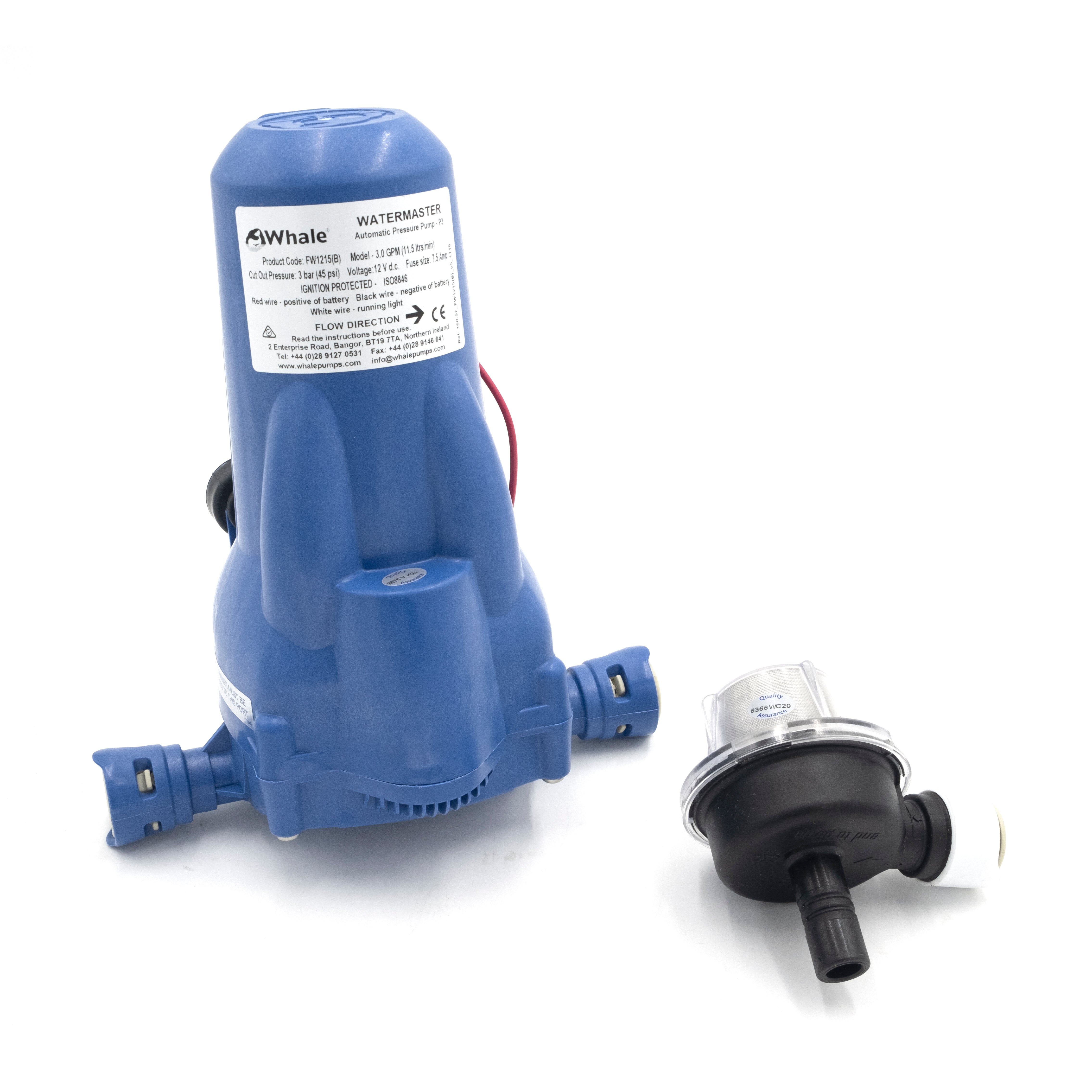 Blue shower pump with inlet and outlet connections, and a black pressure valve component placed beside it.