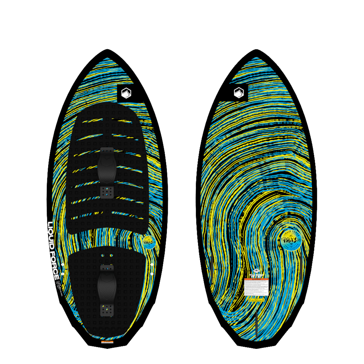 2025 Liquid Force Primo JR wakesurf board with vibrant blue and yellow swirl design and adjustable straps.