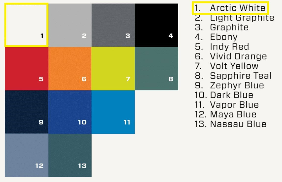 Malibu/Axis Solid Gel-coat color options for the 2025 model year, featuring Arctic White and various vibrant shades.
