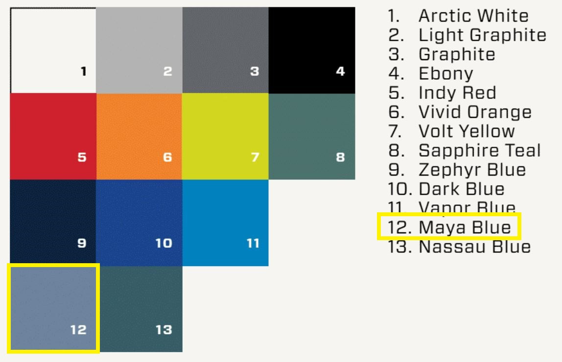Malibu/Axis Solid Gel-coat color options for the 2025 model year, featuring Maya Blue highlighted.