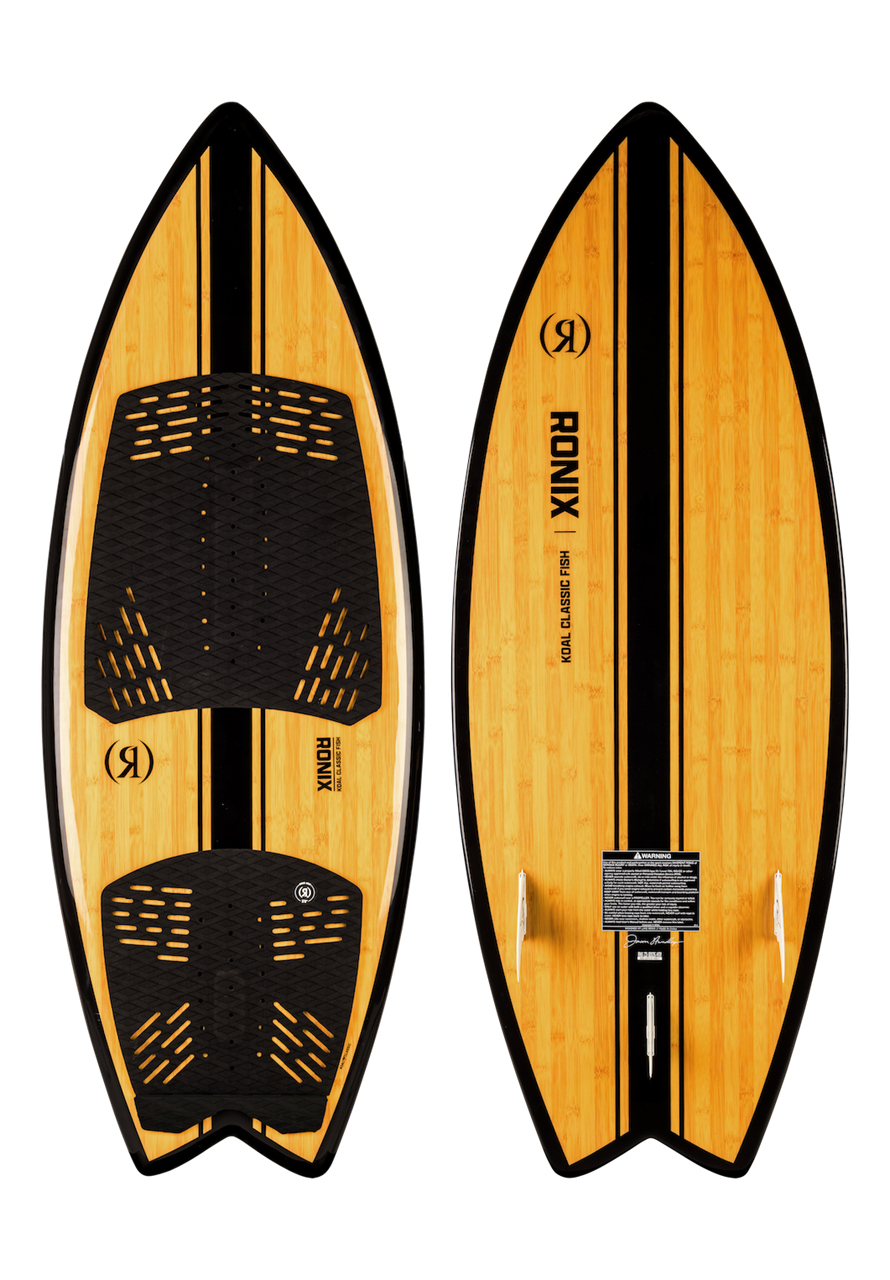 2025 Ronix Koal Classic Fish surfboard with bamboo finish, black traction pads, and black rails, designed for versatile wave riding.