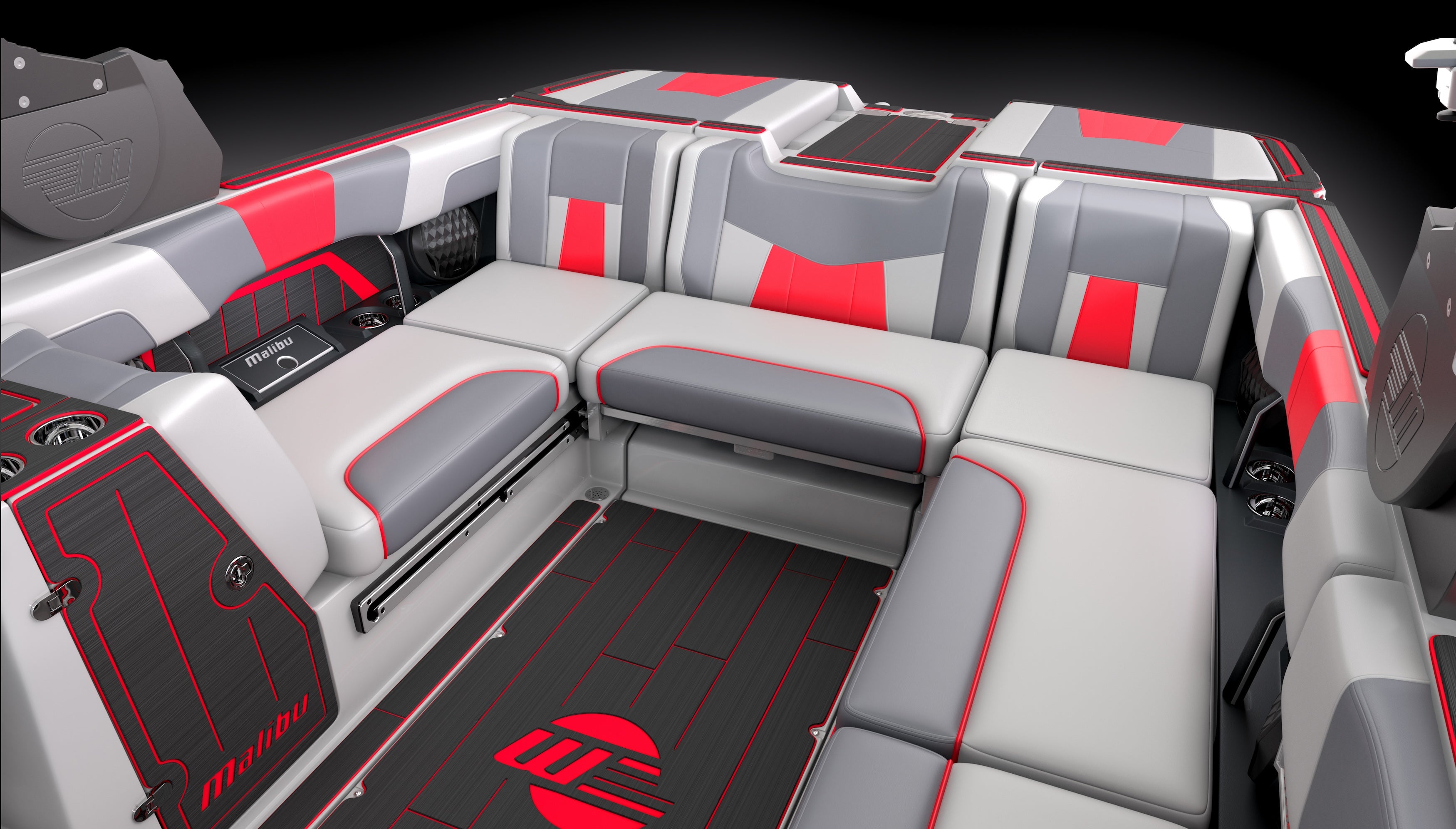 Starboard vinyled cupholder panel designed for Malibu boats, featuring a sleek gray and red color scheme.