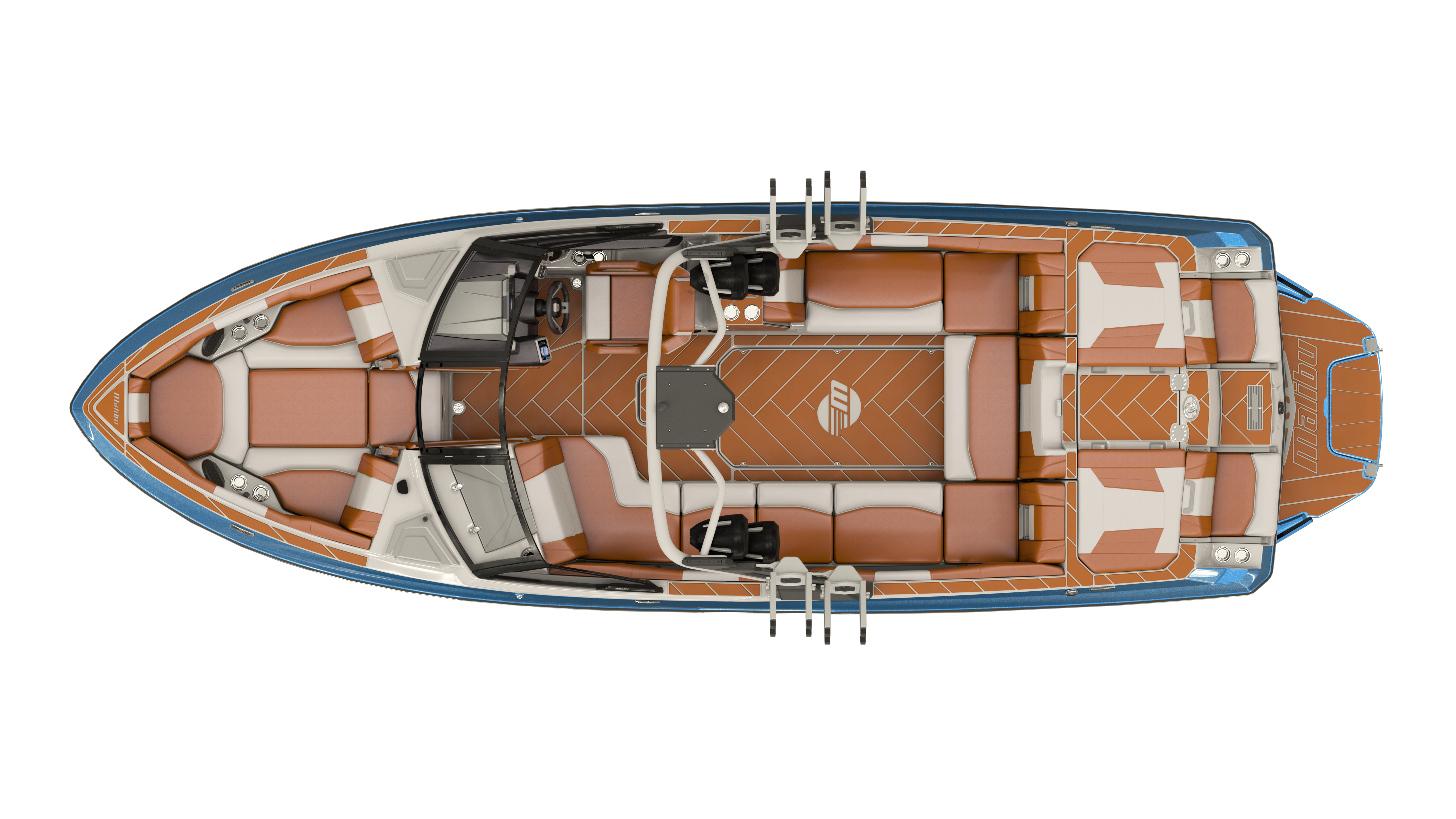 Top-down view of a 2022-2023 Malibu boat interior featuring brown and cream cushioned seating, a steering area, and a swim ladder.