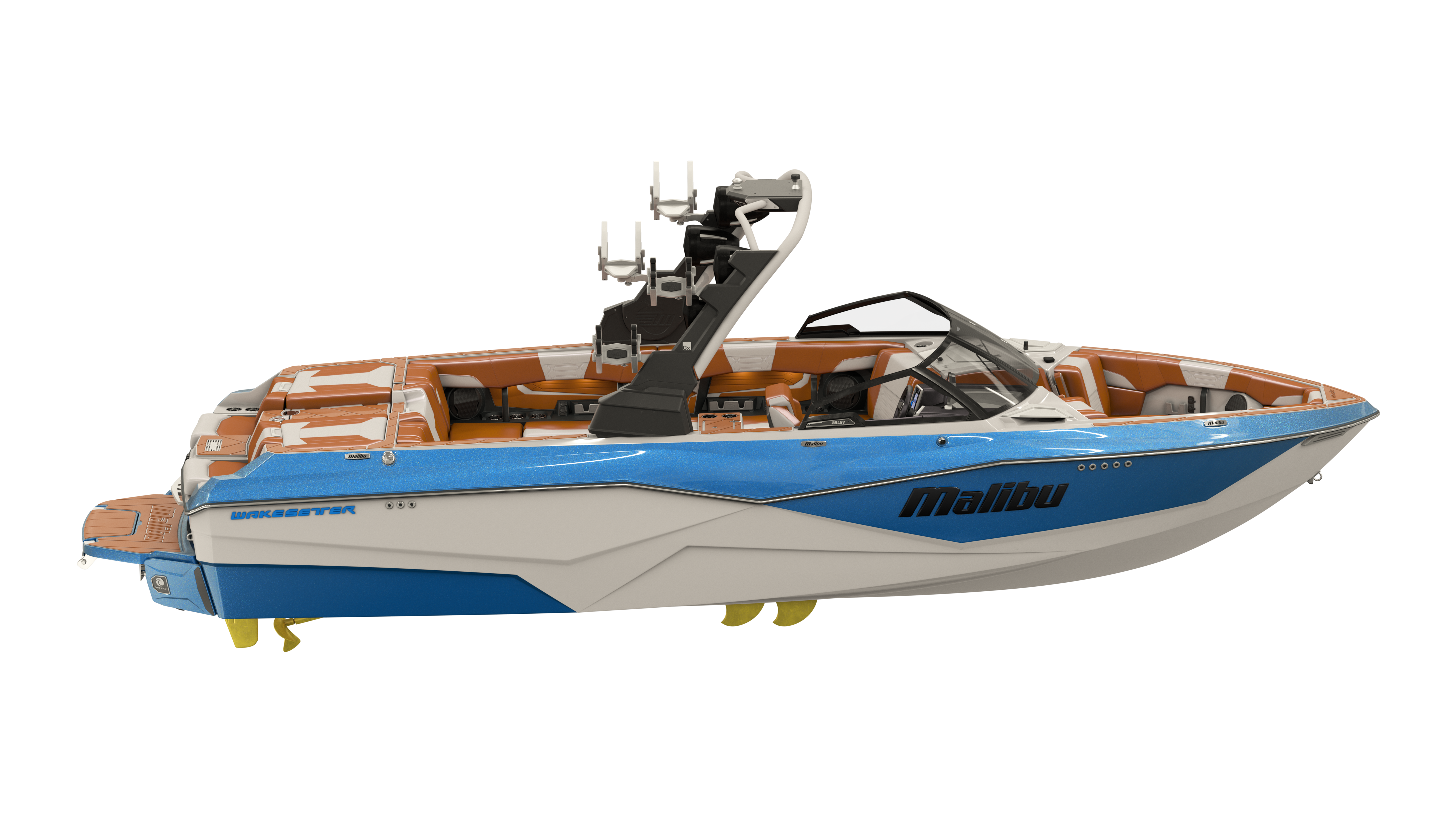 A Malibu Wake Setter boat with a blue and white hull, tan interior, and a tower with mounted wakeboard racks.