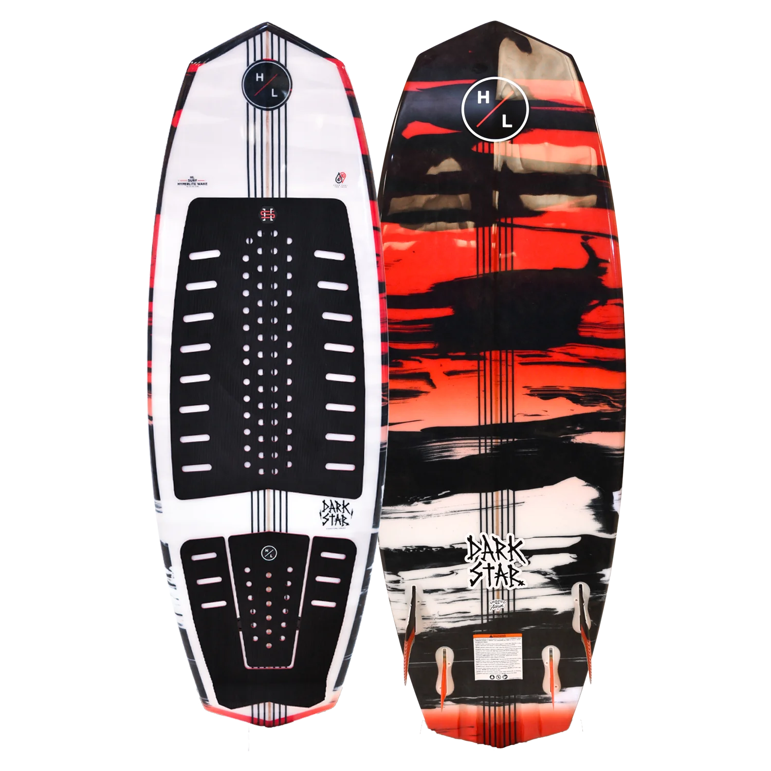 2025 Hyperlite Darkstar Wakesurf Board featuring a sleek design with black and red graphics, ideal for performance surfing.