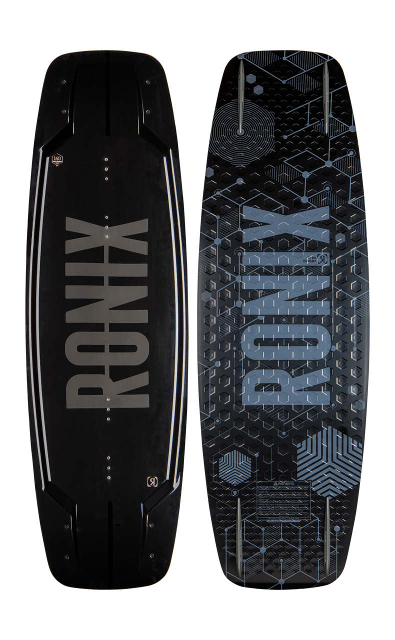 2025 Ronix Parks Modello wakeboard with black top and geometric blue pattern on the bottom, featuring grip pads and fins.