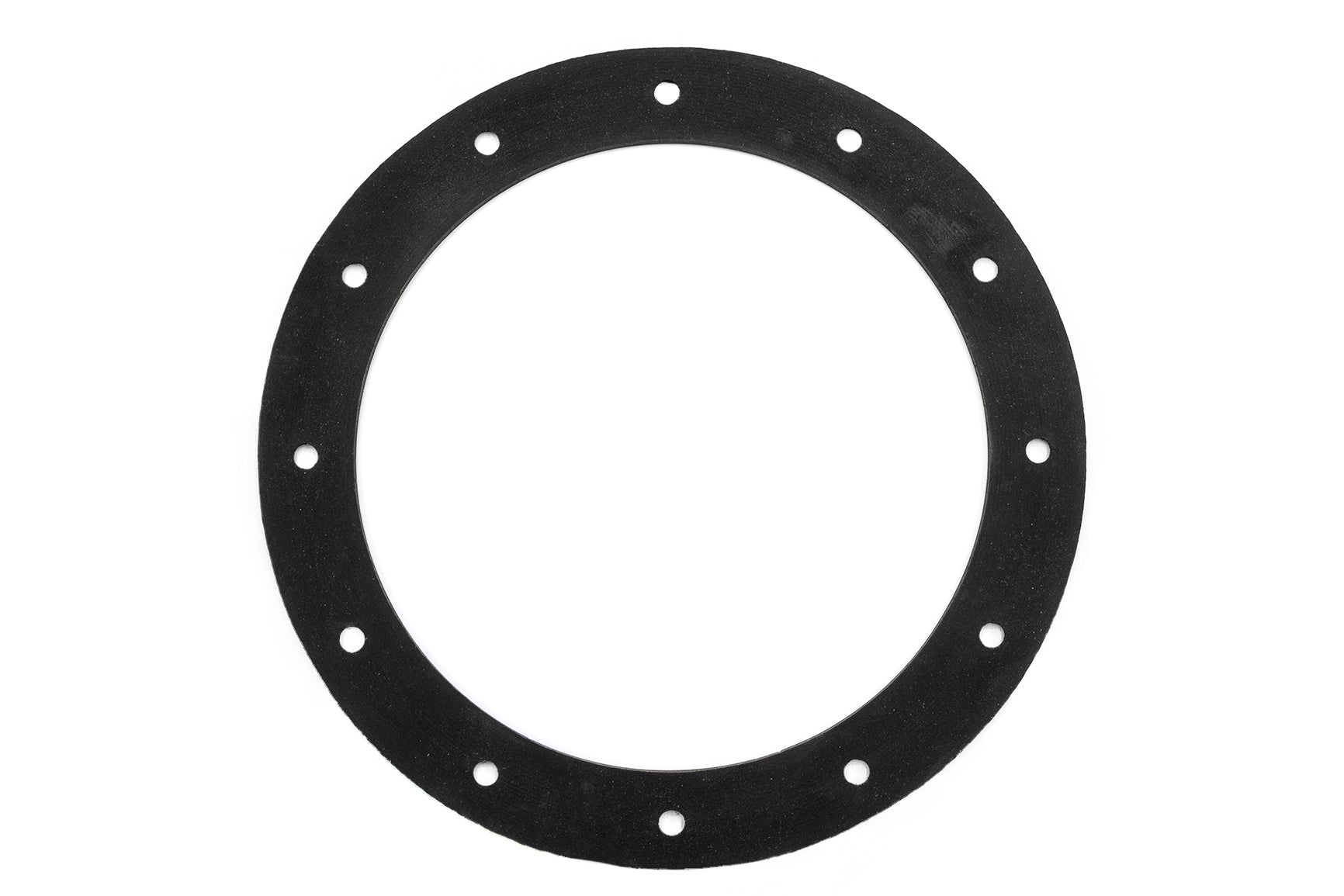 Black fuel pump gasket with multiple bolt holes, used for sealing and preventing leaks in fuel pump assemblies.