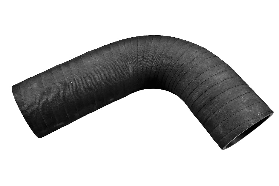 Rubber exhaust elbow, 3-1/2 inches, short to long, with a 15-degree bend for automotive or industrial use.