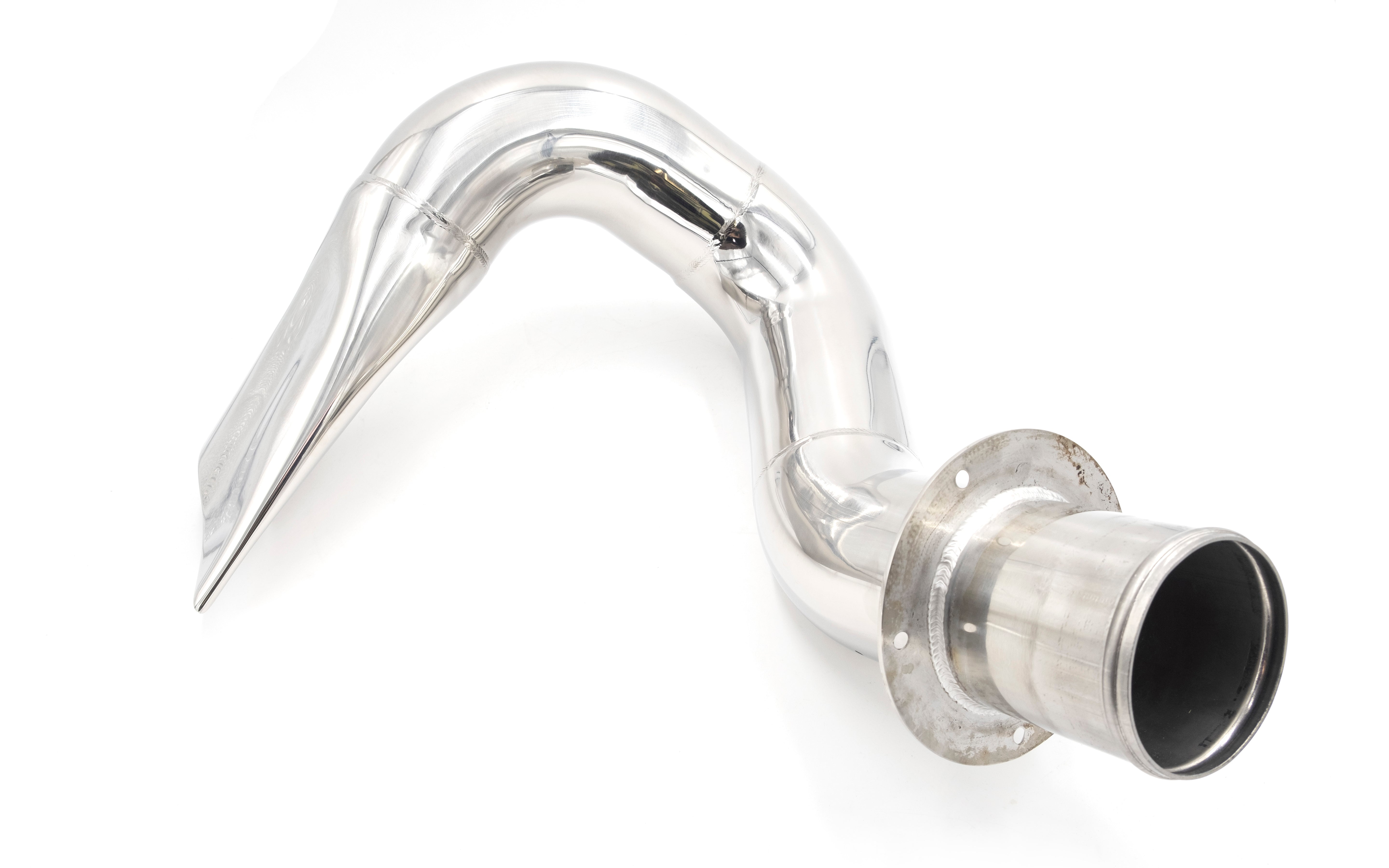 Aluminum surf pipe with a curved shape and flanged end, designed for use with Malibu Power Wedge III surf system.