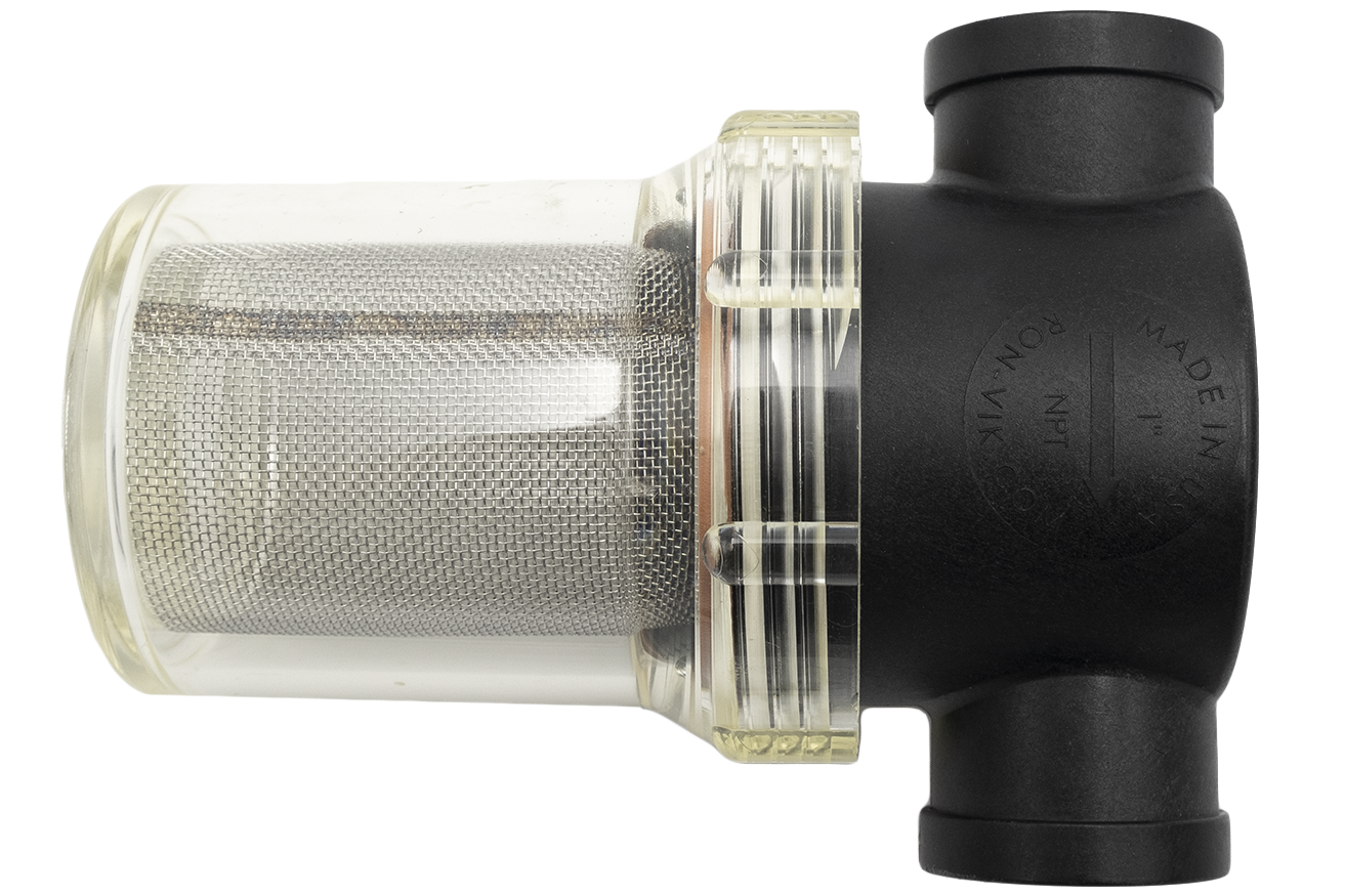 Sea strainer with a 1-inch outlet, featuring a mesh filter and black plastic housing for marine water filtration.