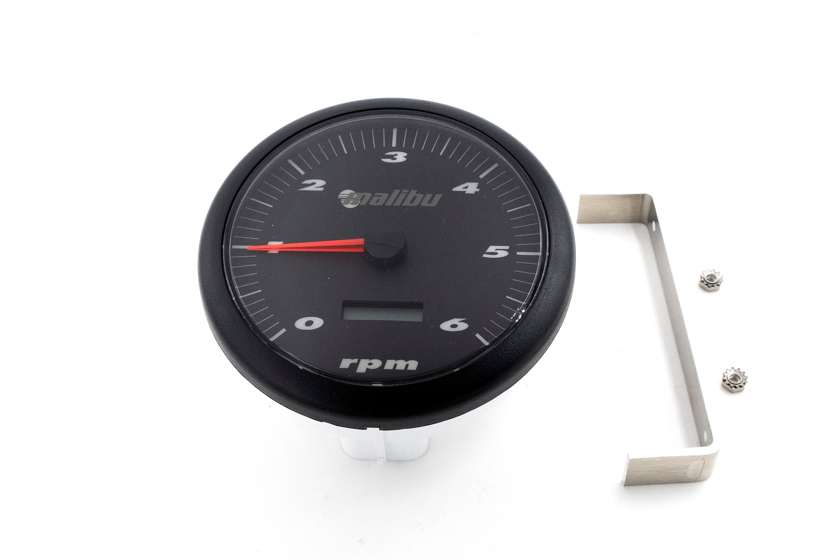 Malibu 5" tachometer with hourmeter for 1999-2000 boats, featuring a black dial, RPM gauge, and mounting hardware.