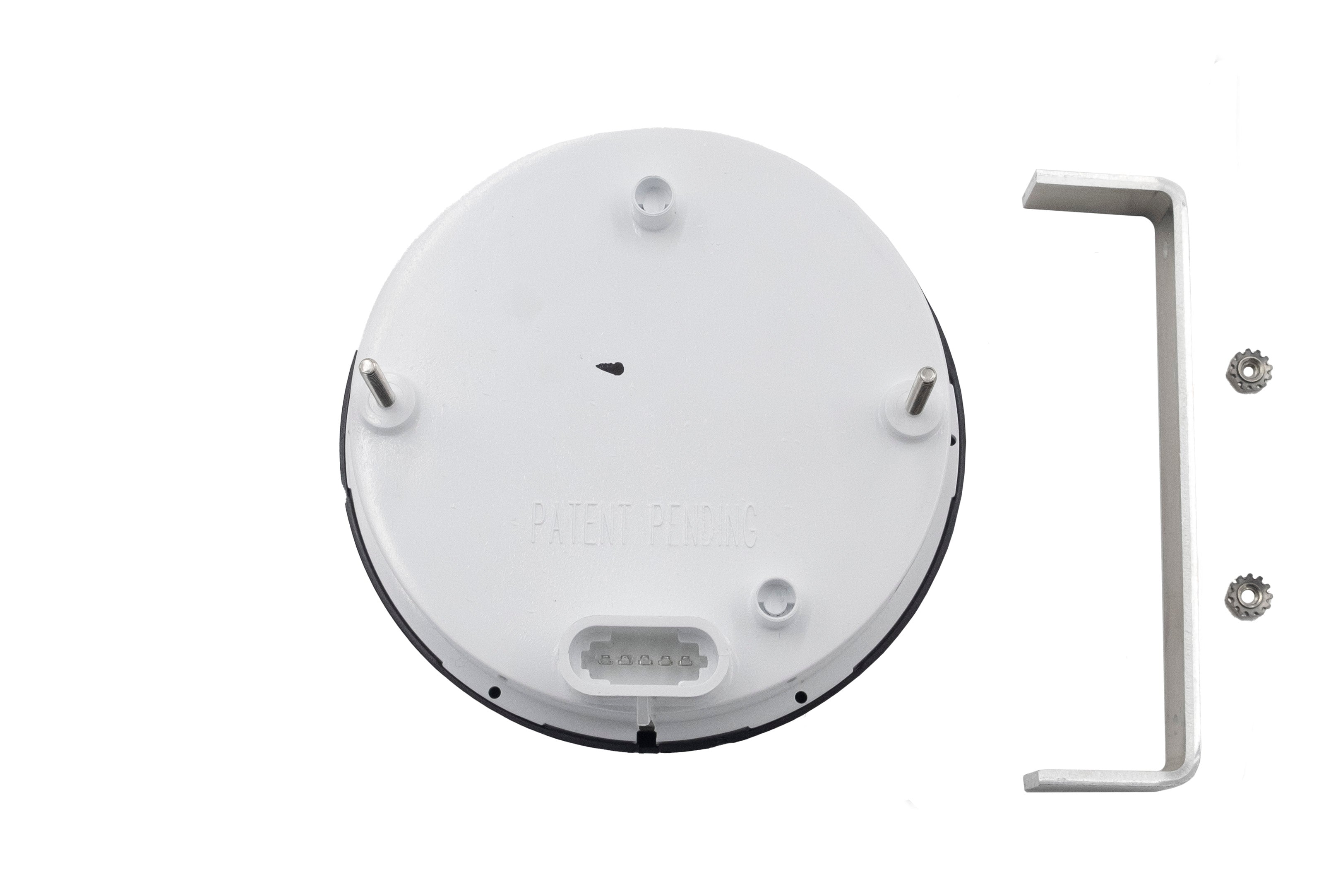 Back view of Malibu 5" tachometer with hourmeter for 1999-2000 models, showing mounting studs, connector, and hardware.