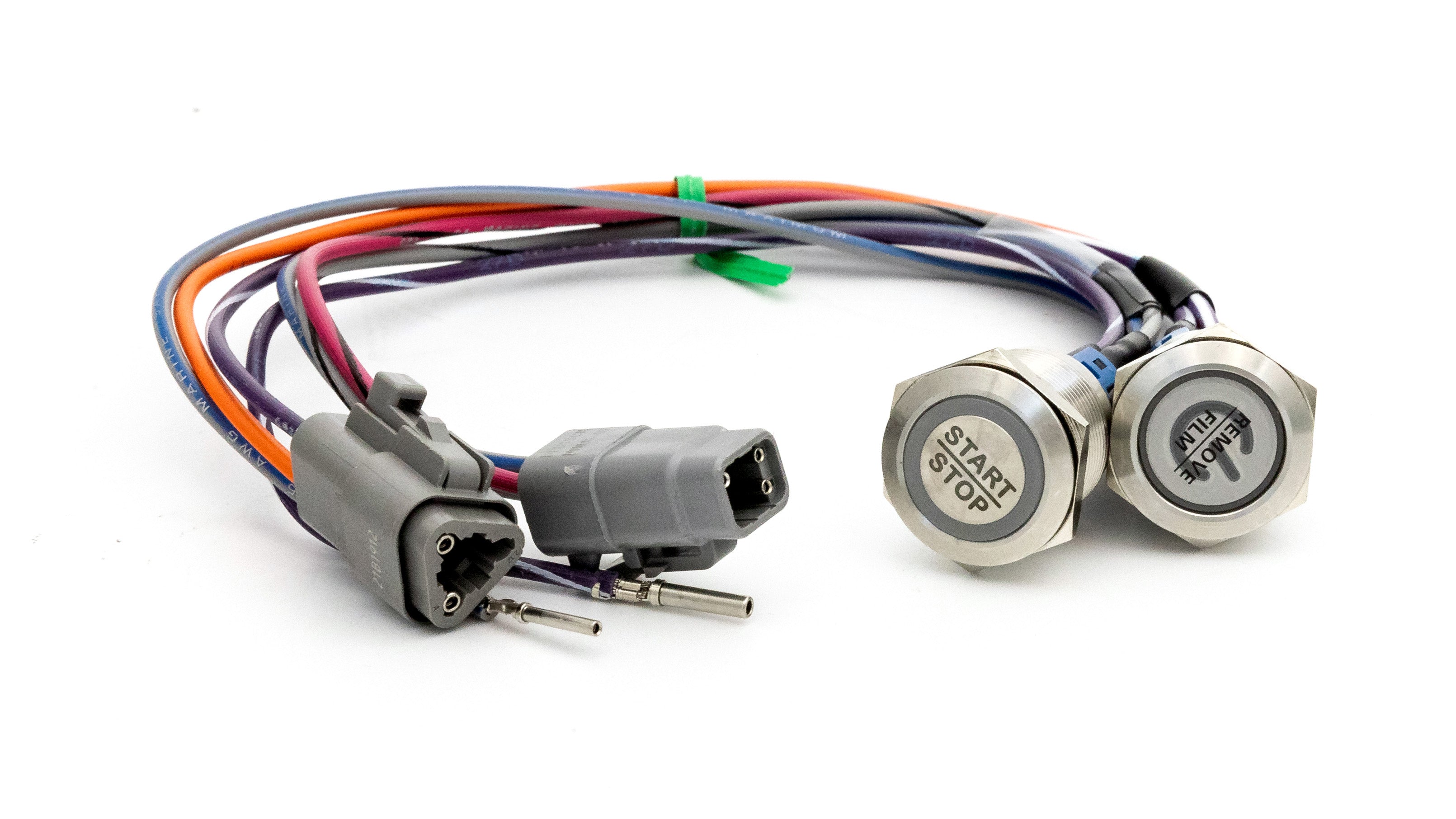 Power-Up start/stop button kit with metallic buttons labeled "START" and "STOP," connected to multi-colored wiring.
