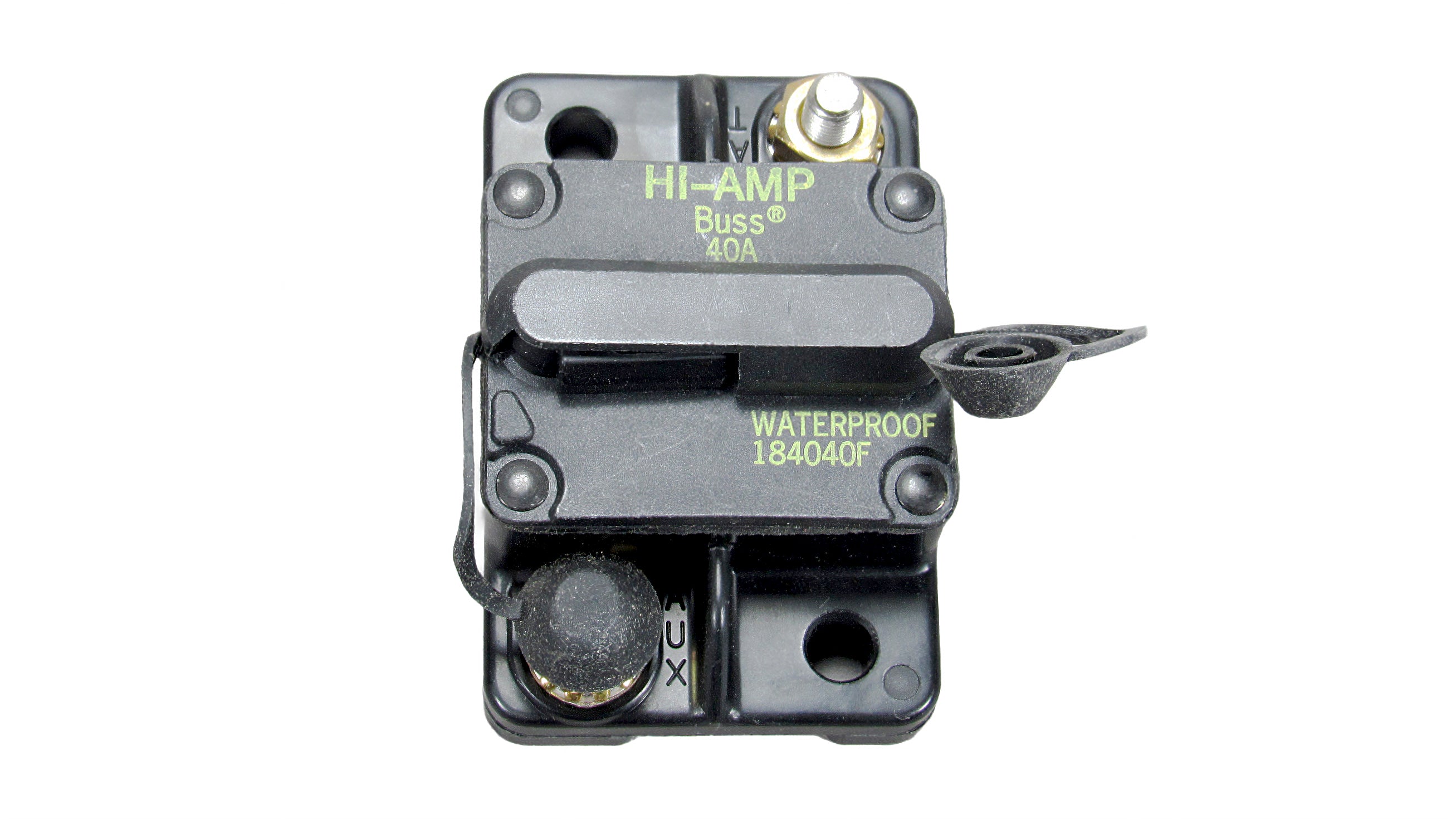 Power wedge circuit breaker, 40 AMP, waterproof, with black housing and metal connection points for electrical safety.