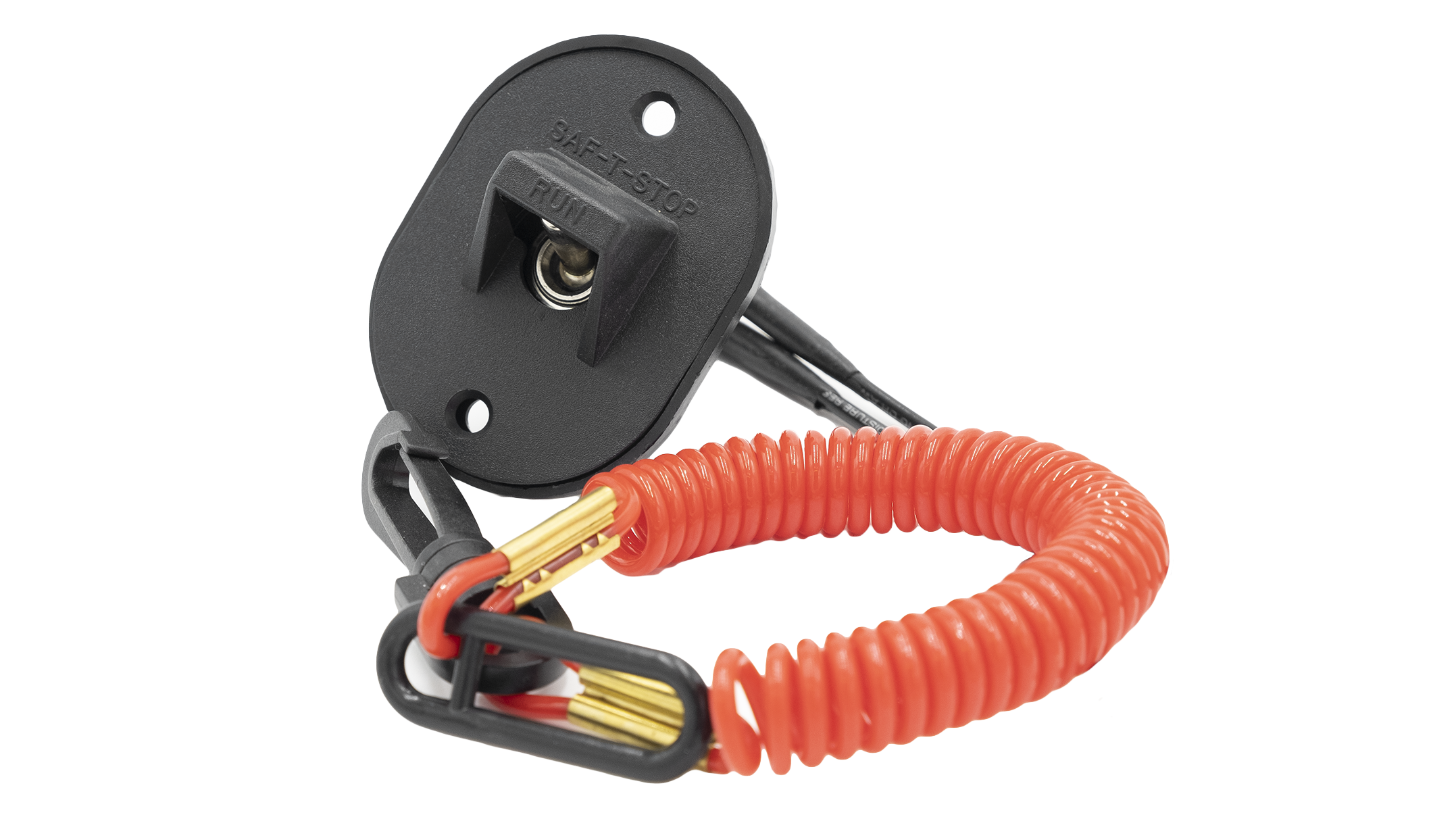 Safety kill switch with a black mounting plate and a coiled red lanyard, designed for boat safety.
