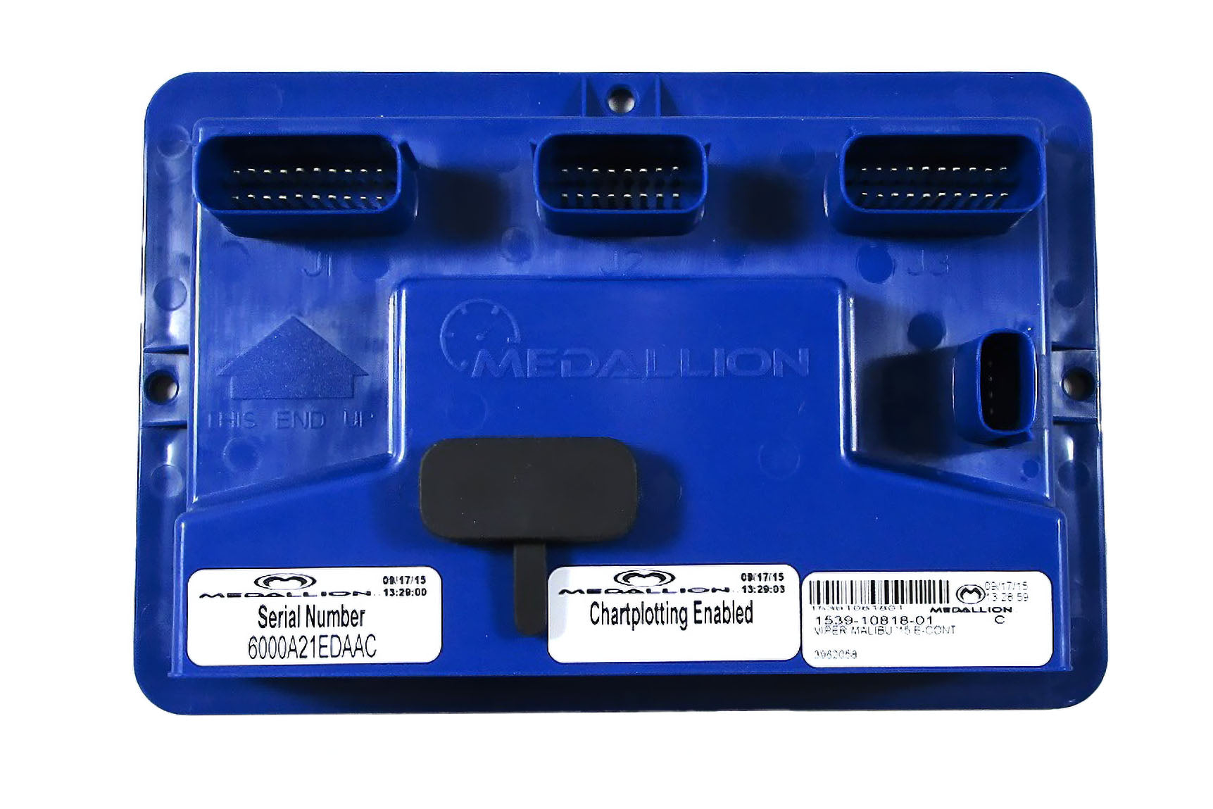 Blue Viper Module with connectors, serial number label, and chartplotting enabled sticker for 2015-2016 Ford Transit.
