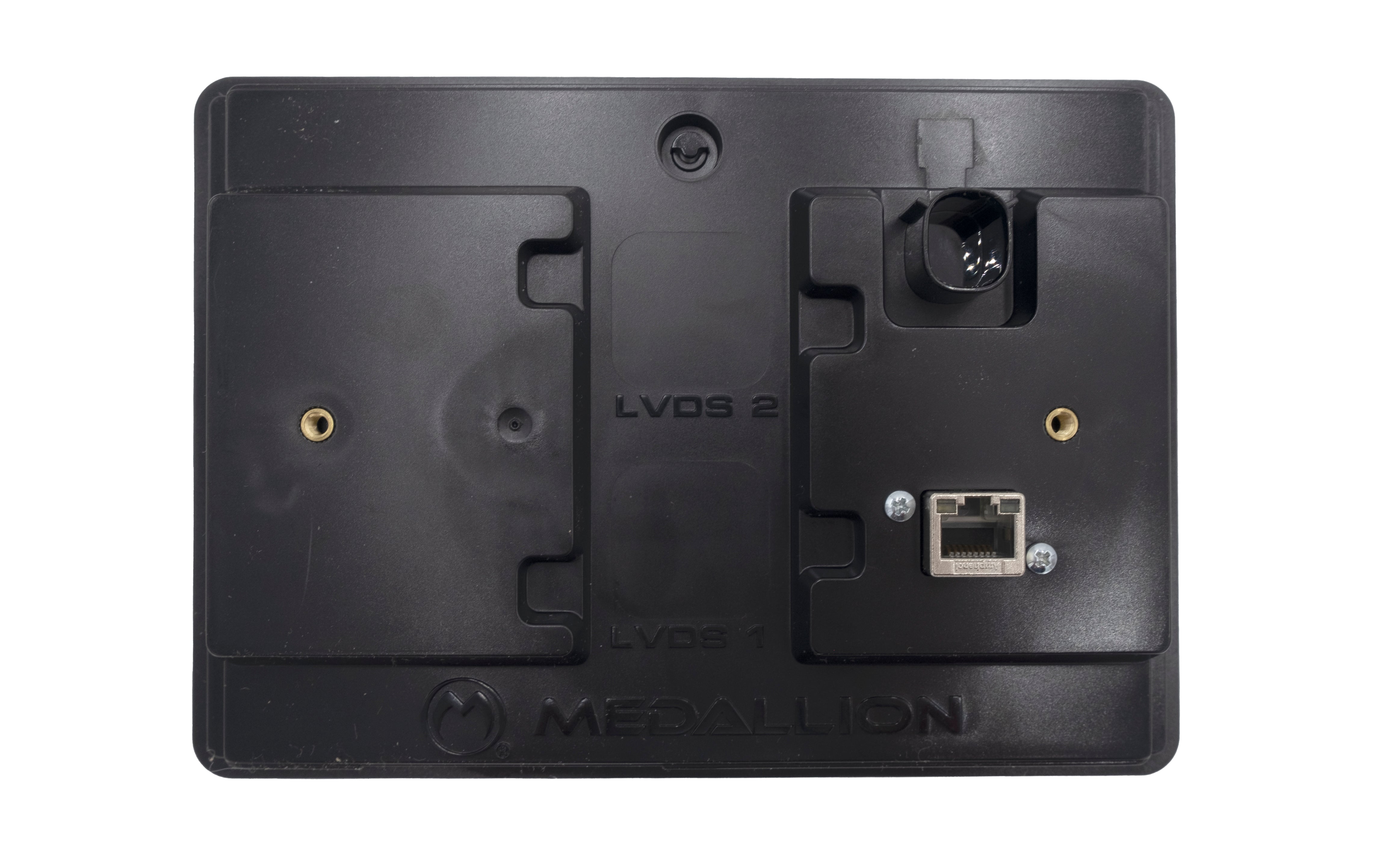 Back view of the Malibu 7" Touch Screen Display showing mounting points, Ethernet port, and internal component labels.