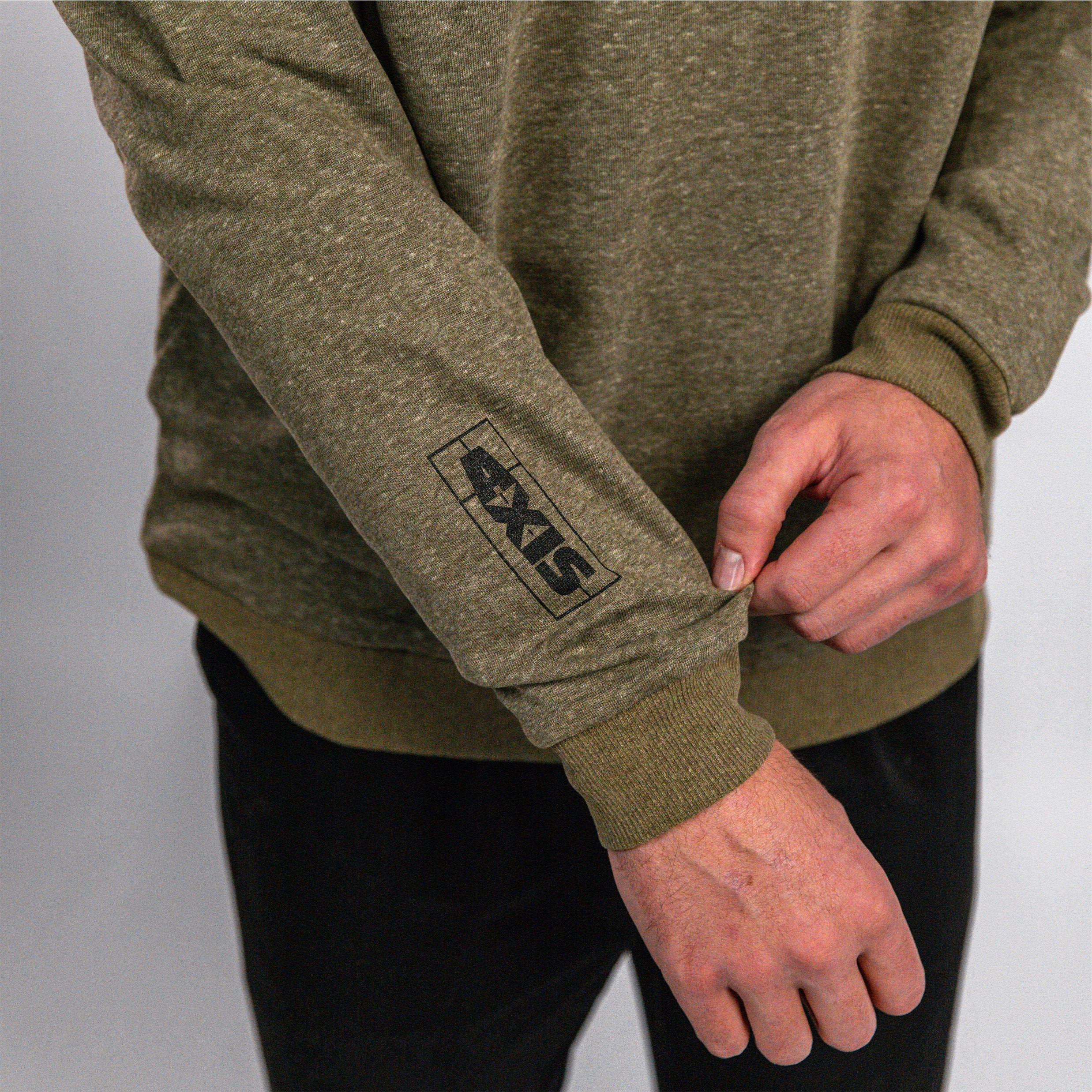 Axis Crewneck featuring a textured olive green fabric and a logo printed on the sleeve, ideal for casual wear.
