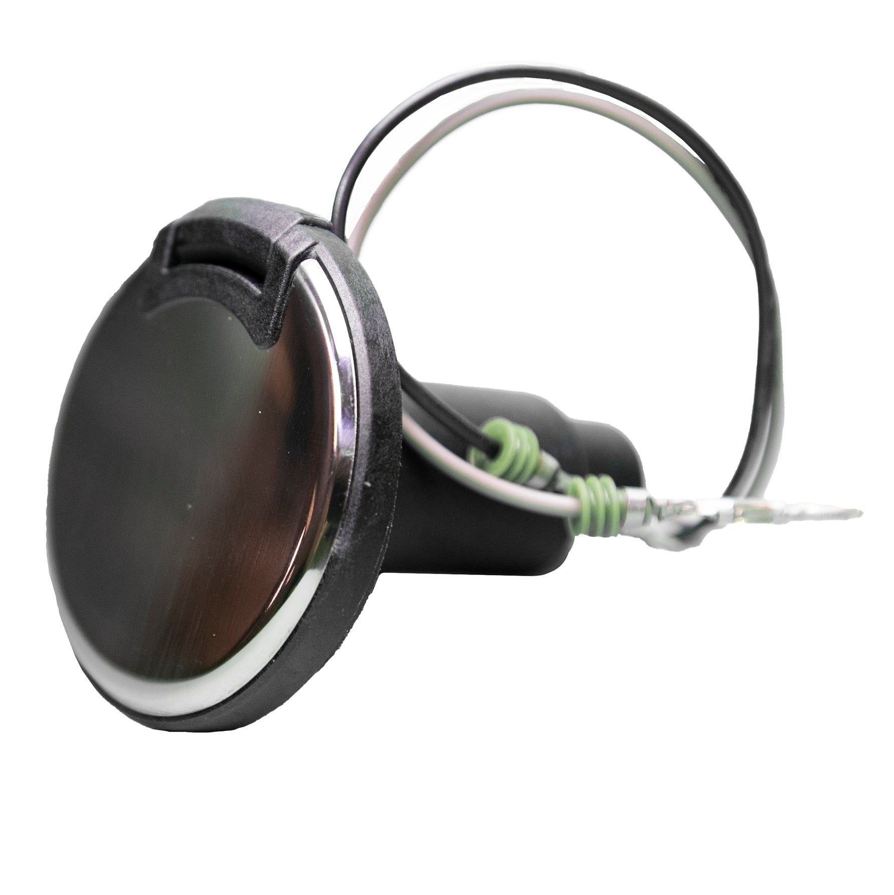 Pole anchor light base with a round, reflective surface, attached wiring, and mounting components for pole lighting.