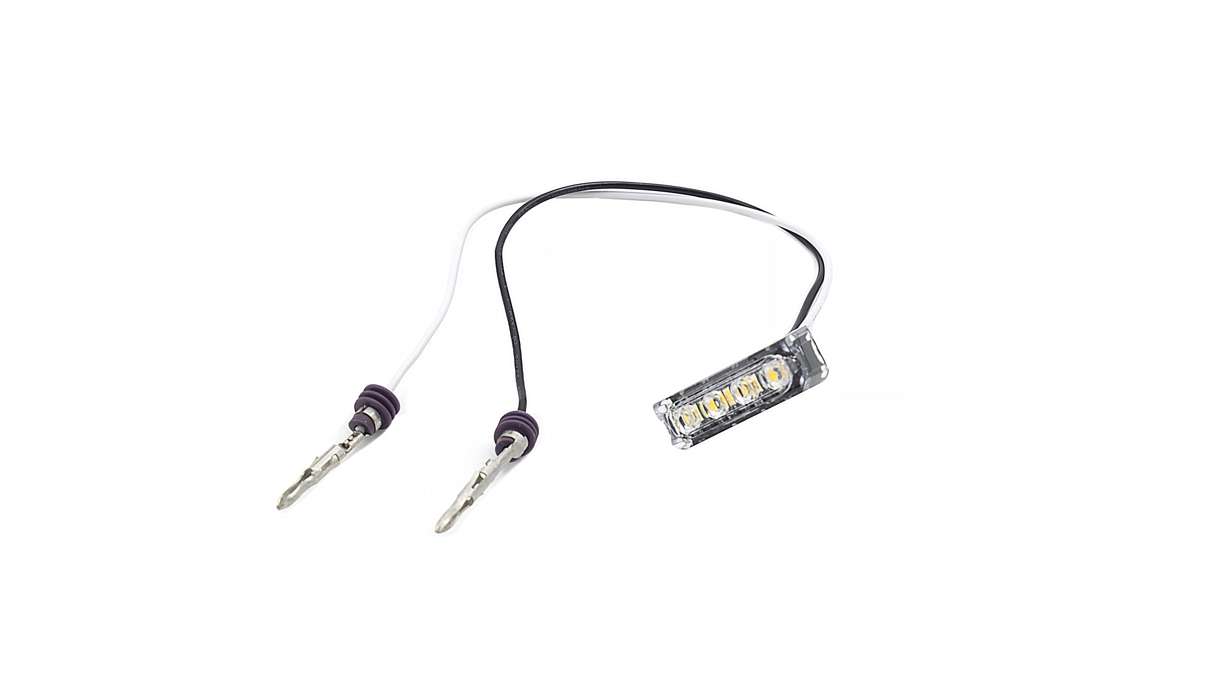 LED courtesy light with wiring and transparent plastic housing, designed for interior or vehicle illumination.