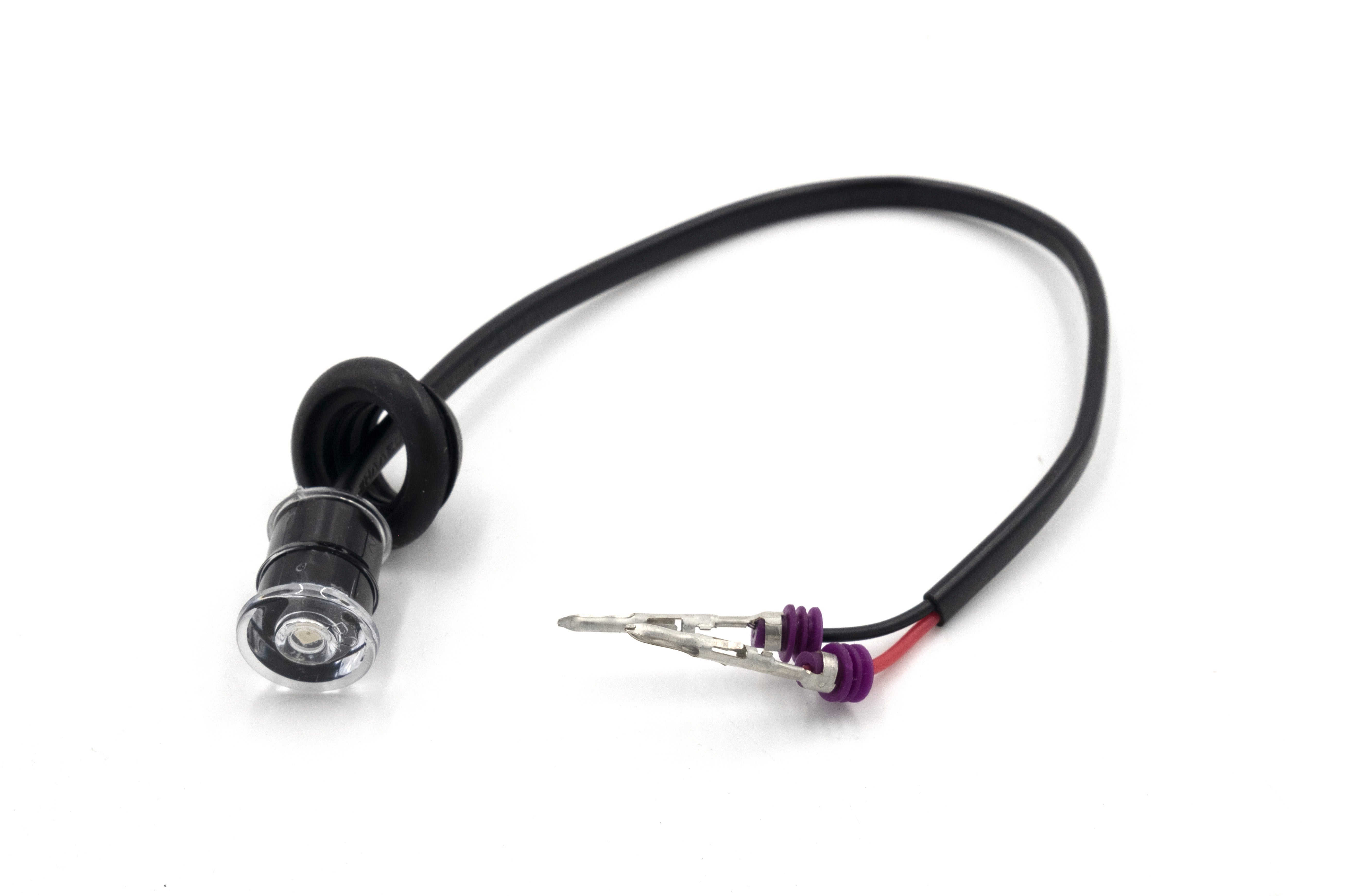 LED interior light with a clear lens, 3/4 mini size, red color, mounted on a black wire with connectors.