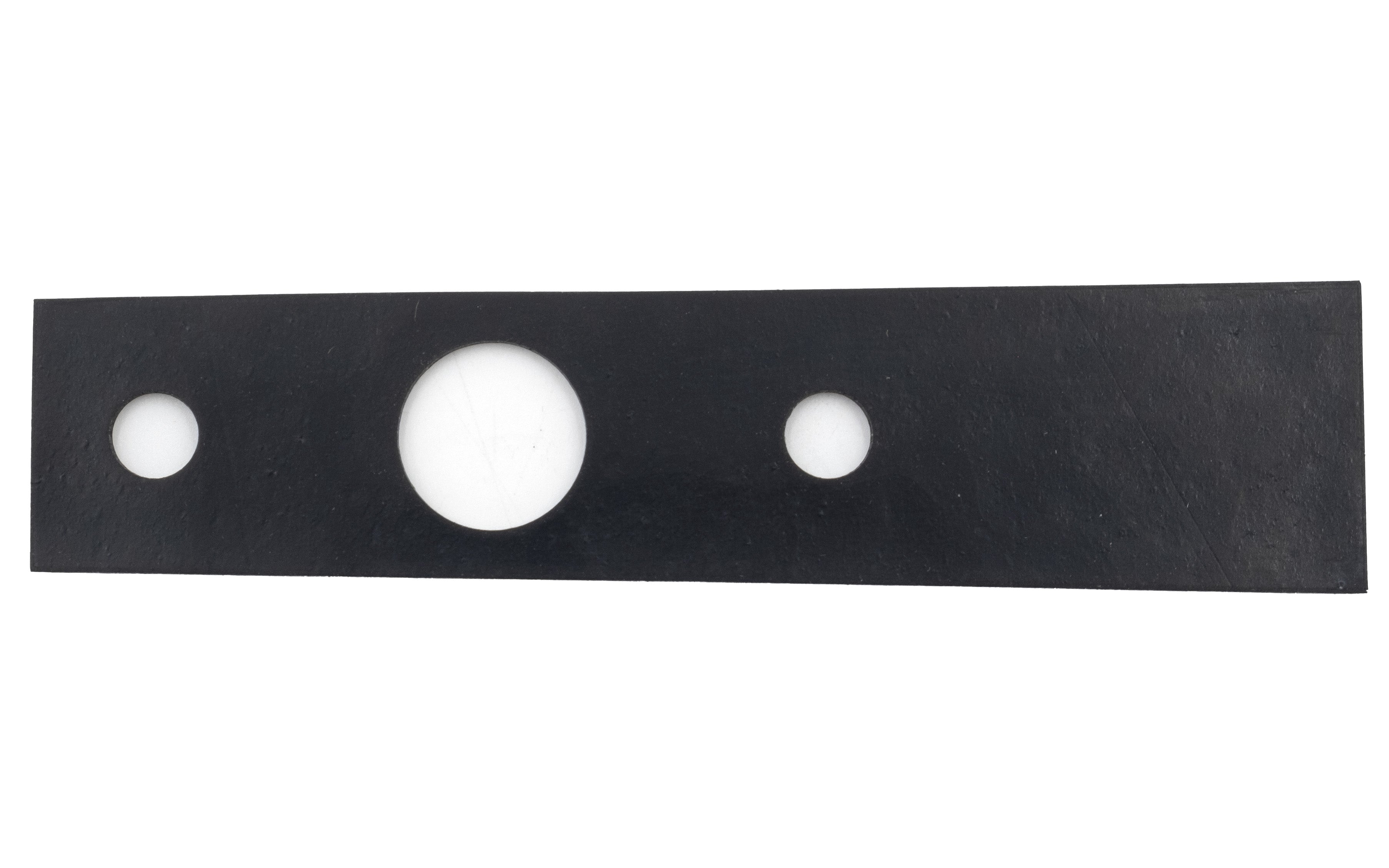 Black speaker bracket gasket with three circular holes for mounting, designed to secure and isolate speaker components.