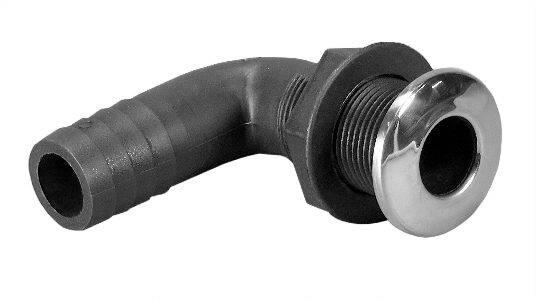 90° thru hull fitting with black plastic body, threaded metal collar, and smooth, rounded flange for marine plumbing connections.