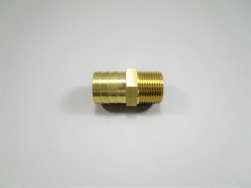 Brass straight adapter with one barb fitting for connecting hoses or tubing in plumbing or fluid systems.