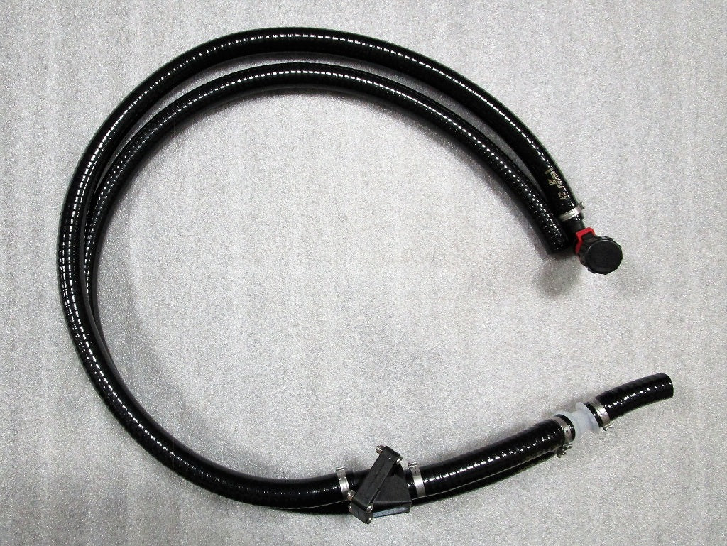 Malibu Hose, auto vent assembly with 3/4-inch fitting and Y-connector, black flexible tubing for pool equipment.