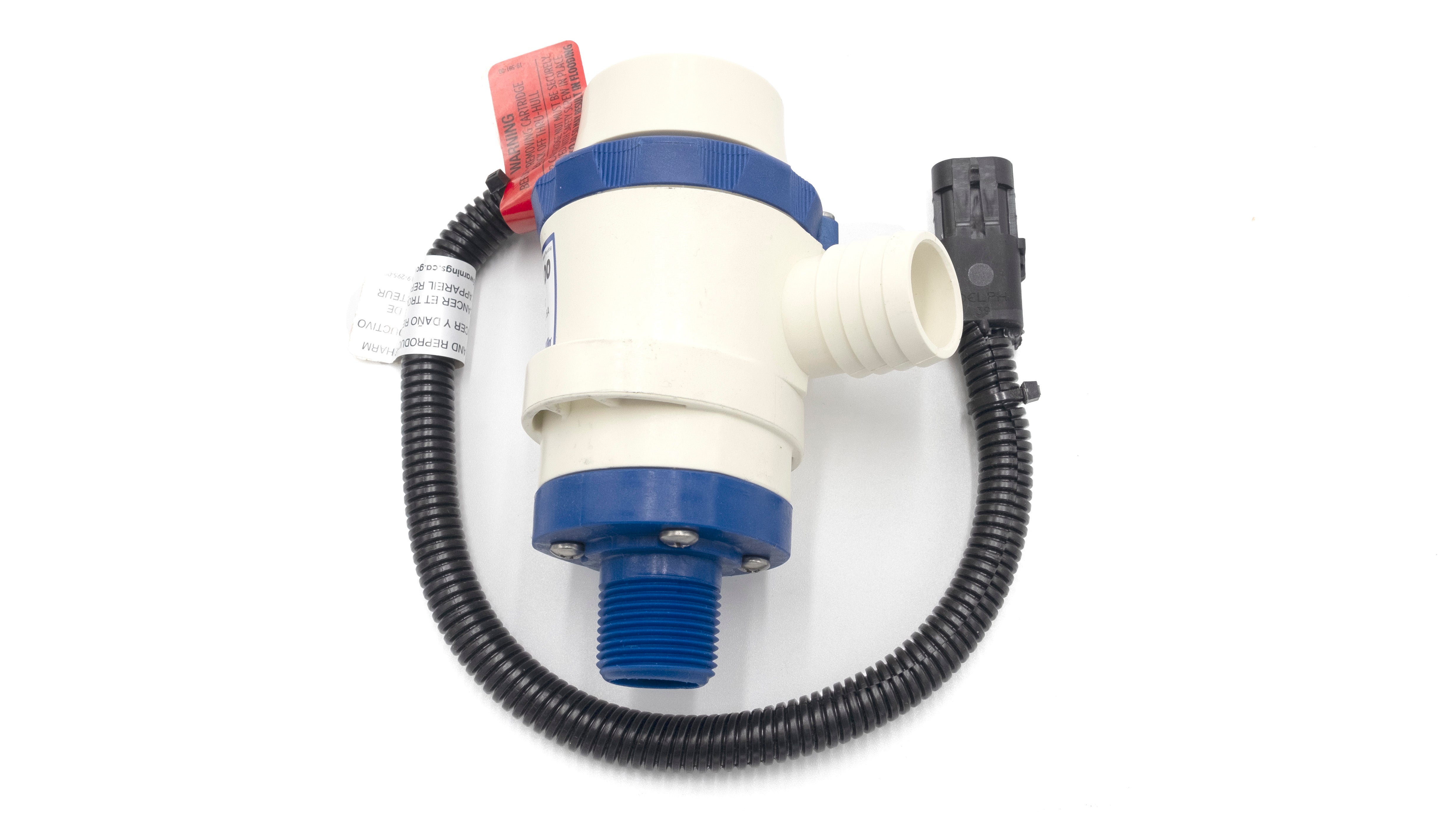 Ballast pump with Packard terminal, 1100 GPH, white and blue plastic body, with attached wiring and connectors.