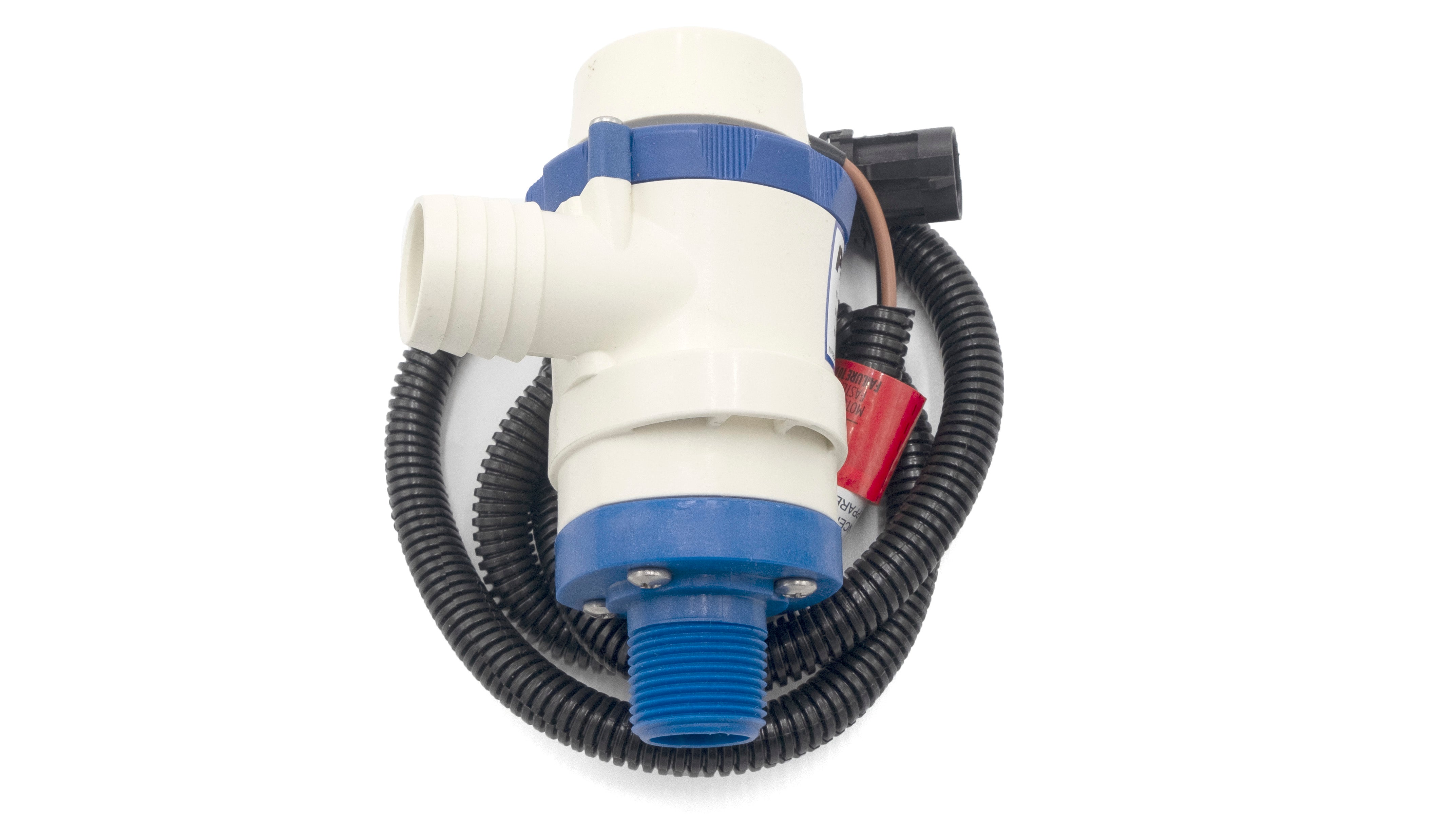 Ballast pump with 1100 GPH capacity, Packard terminal, white and blue housing, and black flexible wiring.