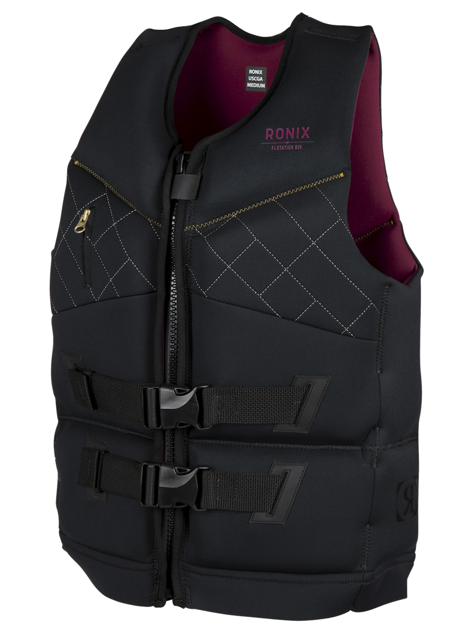 2025 Ronix Supernova Women's Capella 3.0 vest, black with adjustable straps, zip closure, and maroon interior, designed for water sports.