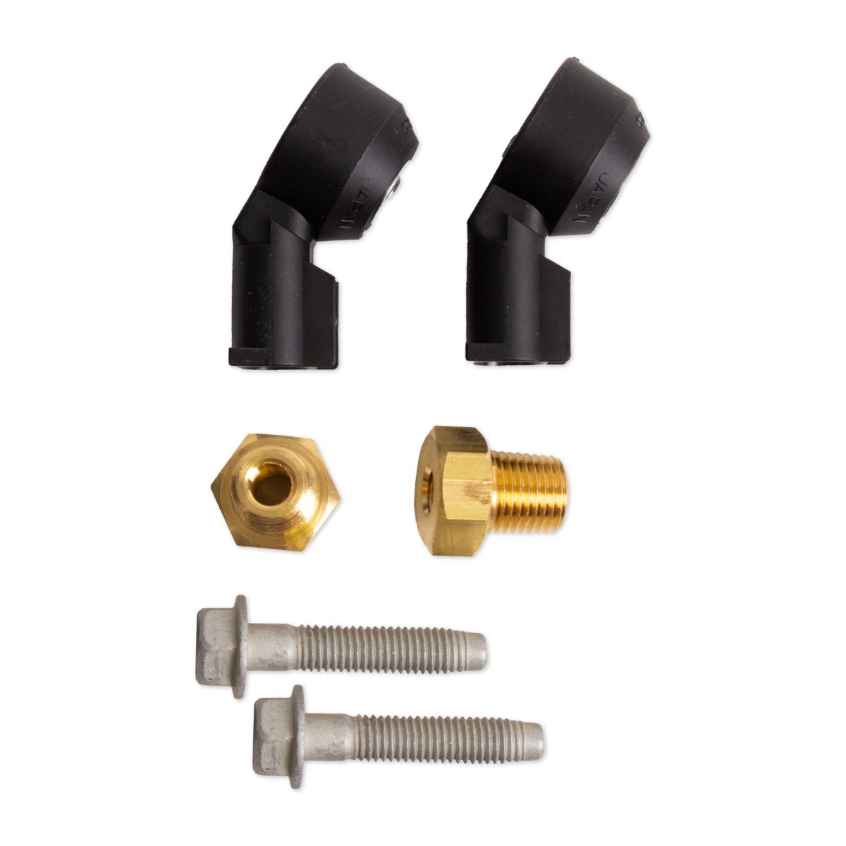GM Knock Sensor Kit with two black sensors, brass fittings, and mounting bolts for vehicle engine diagnostics.