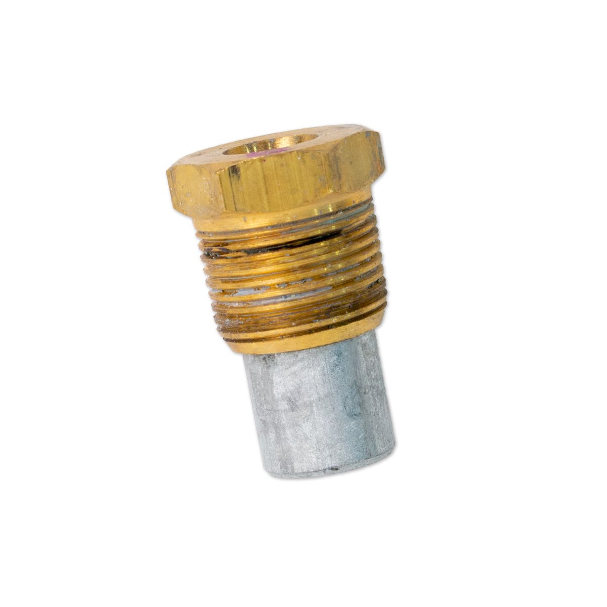 Indmar transmission anode with drain plug, brass fitting with threaded end, used for corrosion protection in marine transmissions.