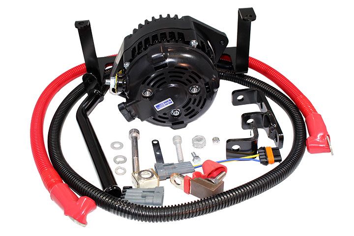 Alt text: "170 AMP Indmar Ford 575 alternator upgrade kit featuring a black high-performance alternator, mounting brackets, thick red power cables, and several installation accessories such as bolts and connectors on a white background."