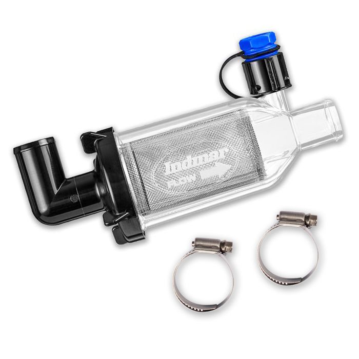 Indmar Sea Strainer Kit with clear housing, black inlet/outlet, blue cap, and two metal hose clamps for marine engine filtration.