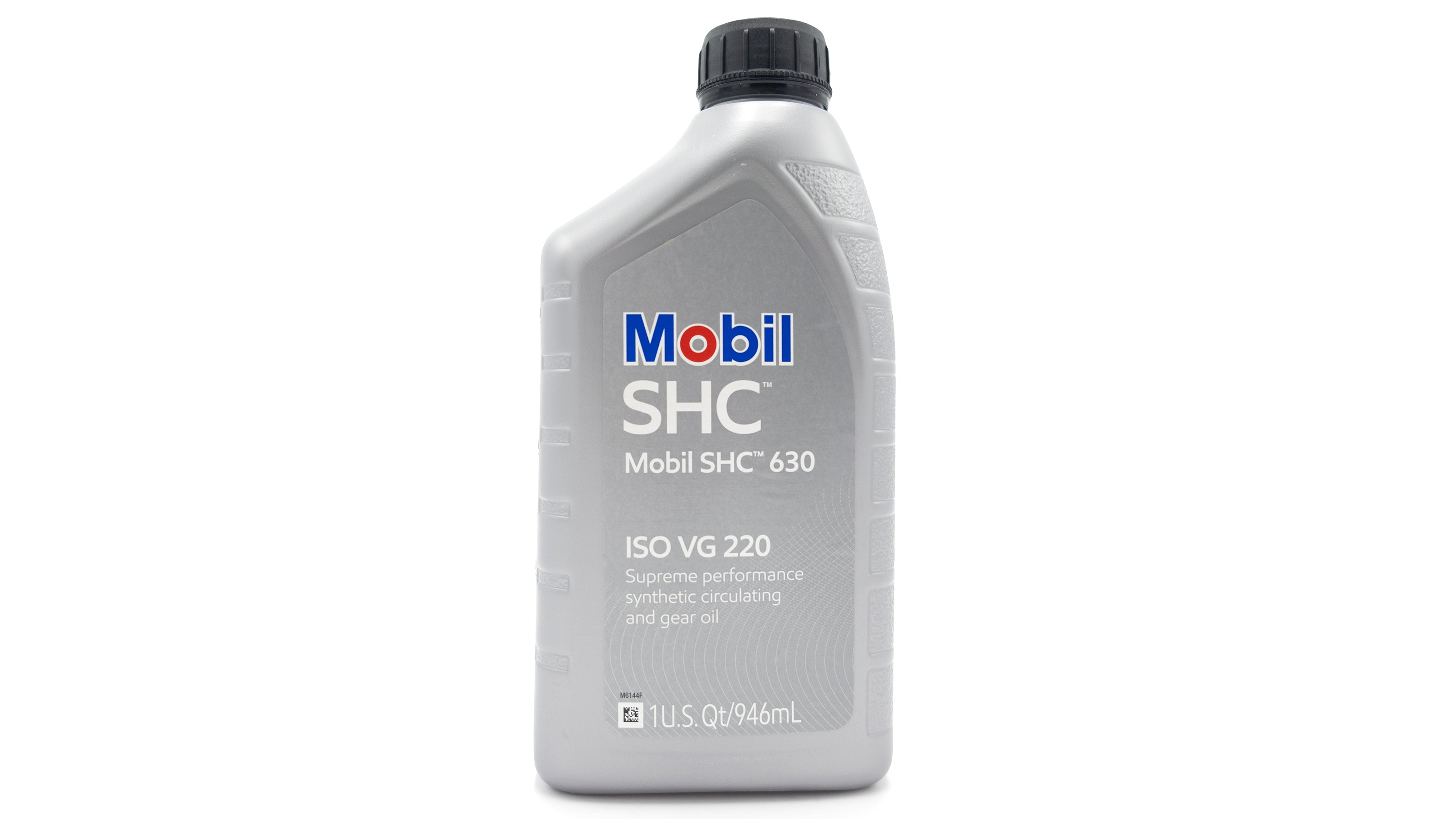 A quart-sized gray plastic bottle of Mobil/Axis Vdrive Synthetic Gear Oil with a black cap, labeled for marine gear lubrication.