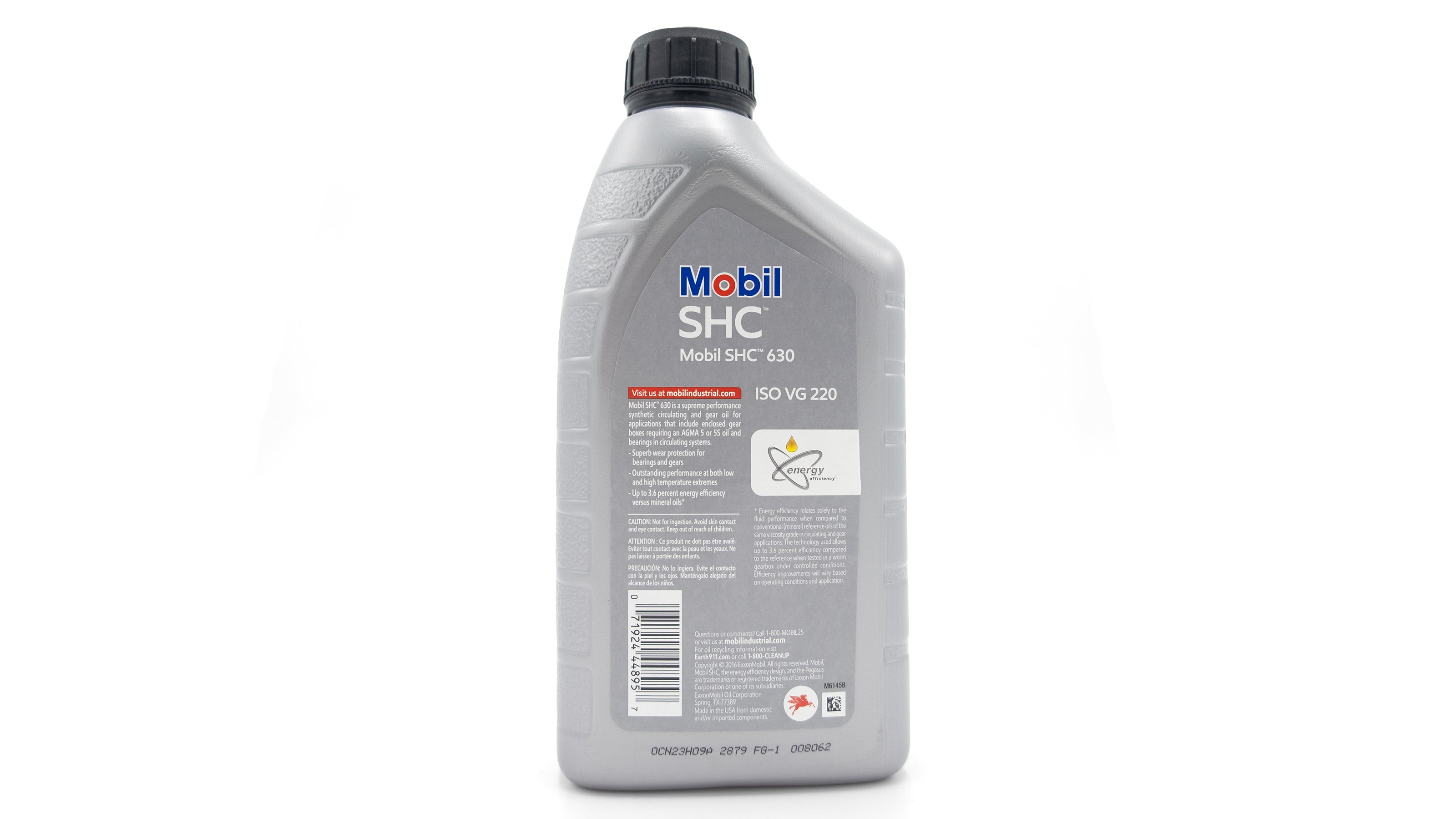 Quart-sized bottle of Mobil/Axis Vdrive Synthetic Gear Oil with black cap, gray container, and label displaying product details.