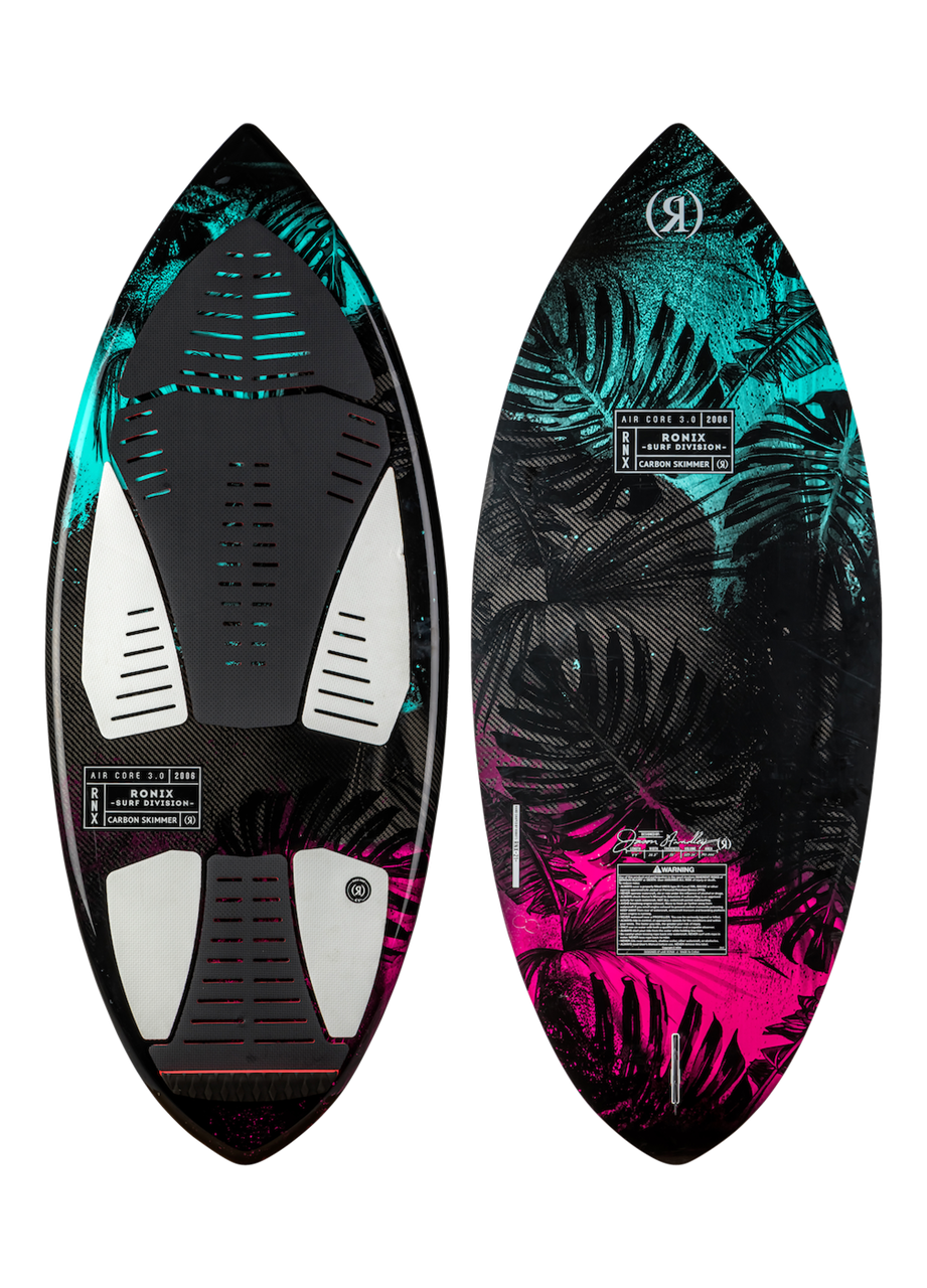2025 Ronix Women's Carbon Air Core 3 Skimmer surfboard with tropical leaf design, black, teal, pink, and white accents.